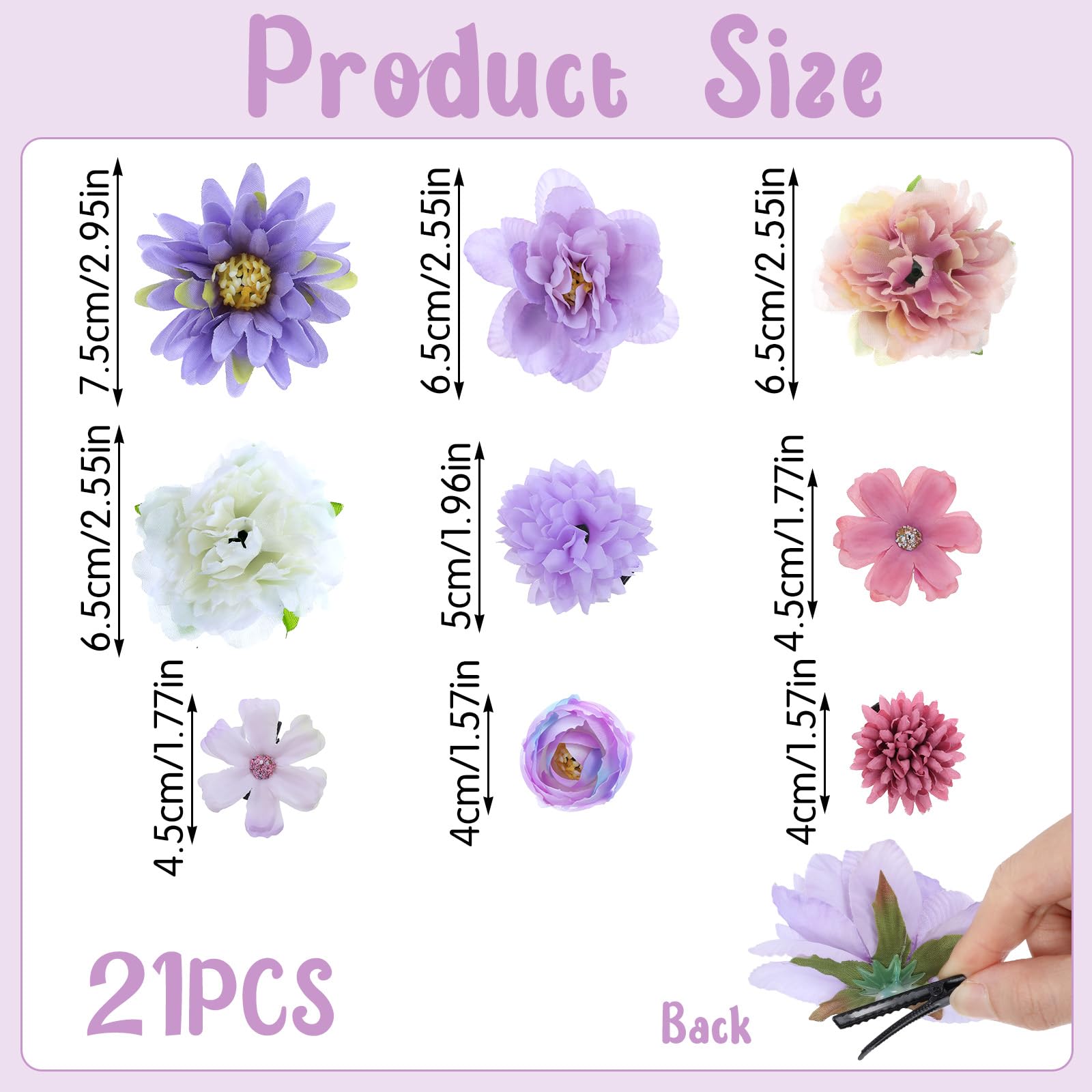 Tyqour 21 Pcs Silk Flower Hair Clips for Girls Aesthetic Flower Hair Accessories Roses Headdress Clips Boho Purple Floral Barrettes for Wedding Accessories Halloween Costumes (Purple and White) - Image 2