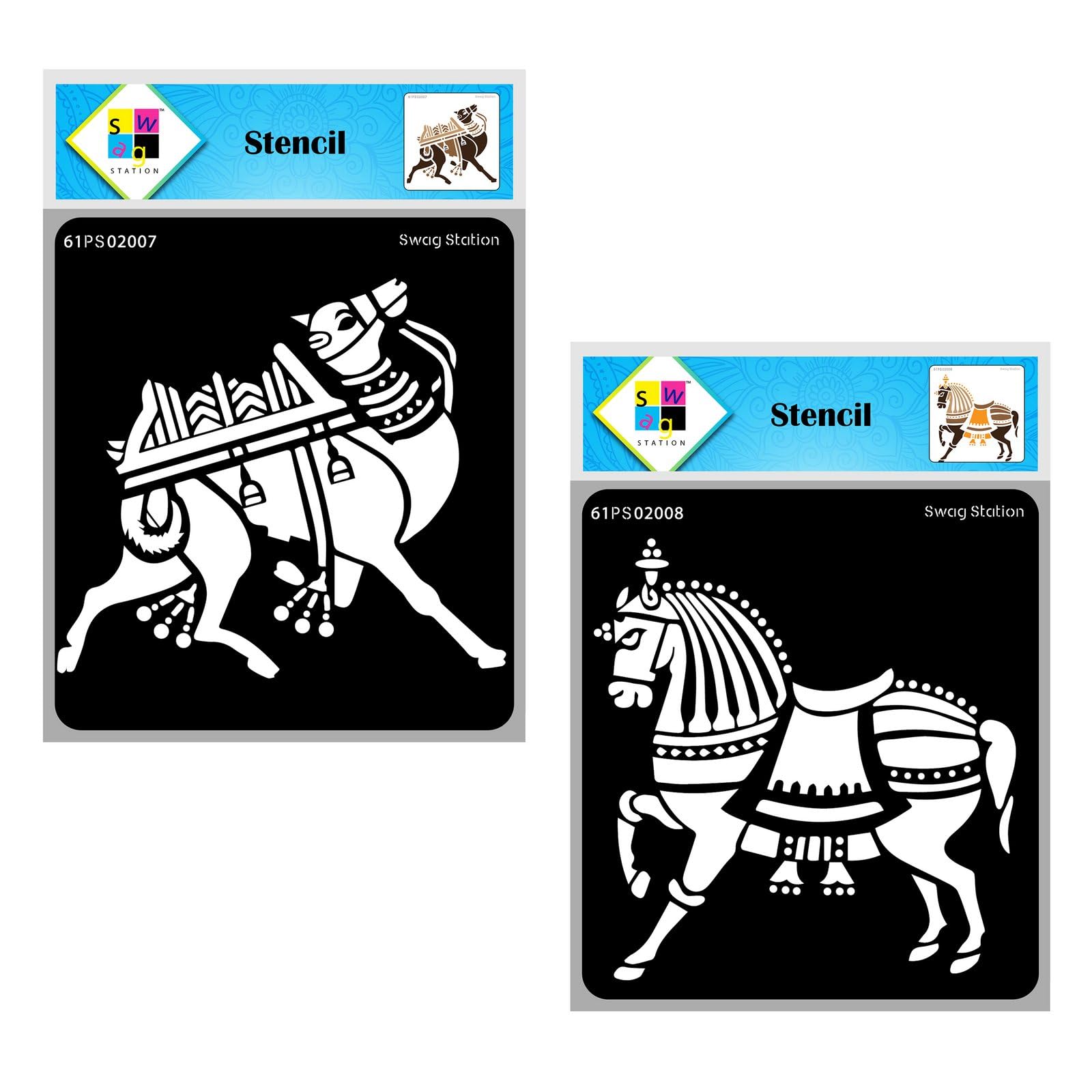 SWAGSTATION Indian Camel Stencil & Indian Horse Stencil - 6x6x Inch 2 Stencil -Tribal Stencil - Animal Stencils for Craft and Art - Animal Stencils for Painting on Canvas - Indian Folk Art Stencils