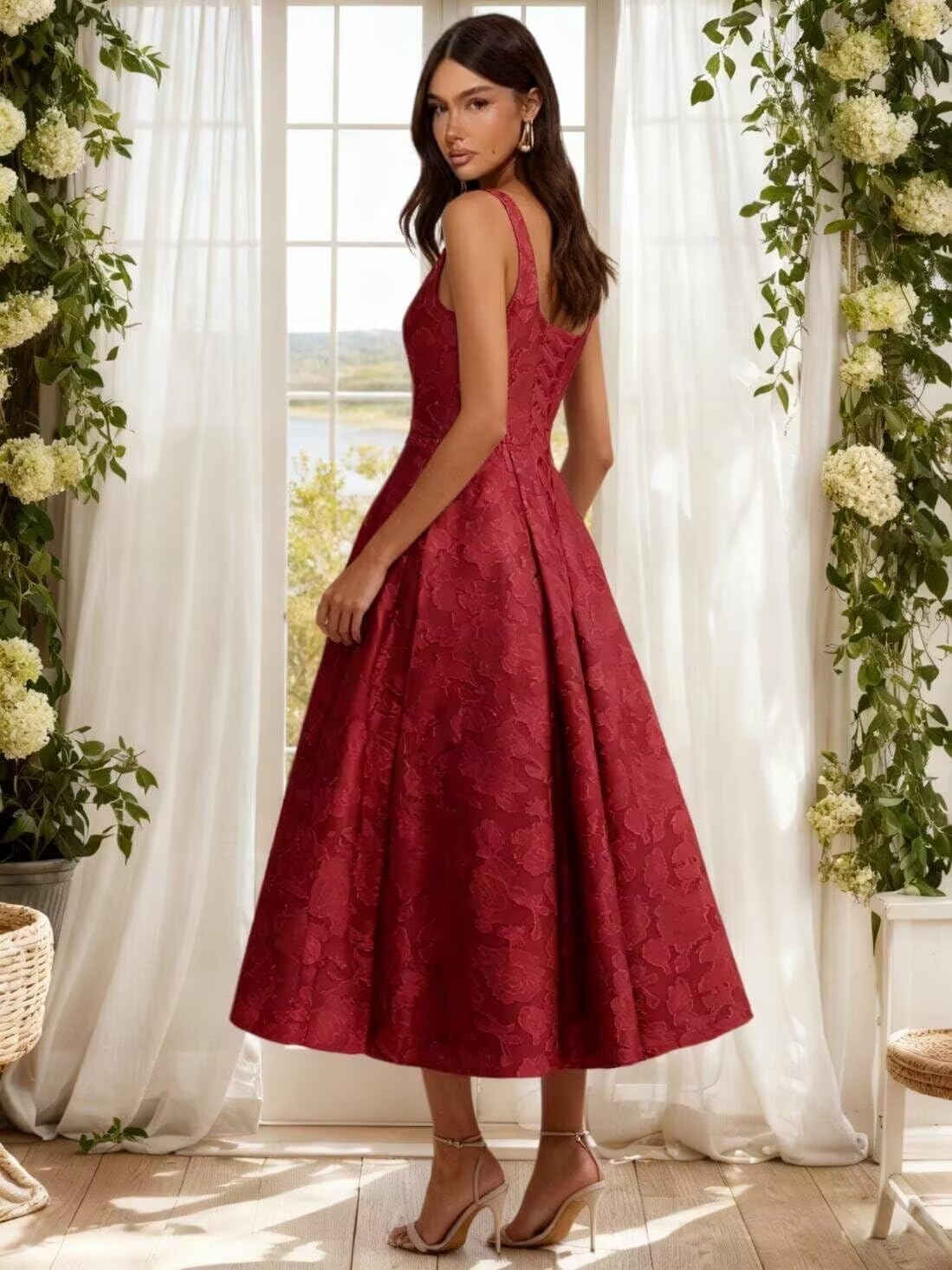 Fashionbride Floral Lace Bridesmaid Dresses for Women Tea Length Satin Formal Dress A Line Midi Wedding Guest Gown AP125