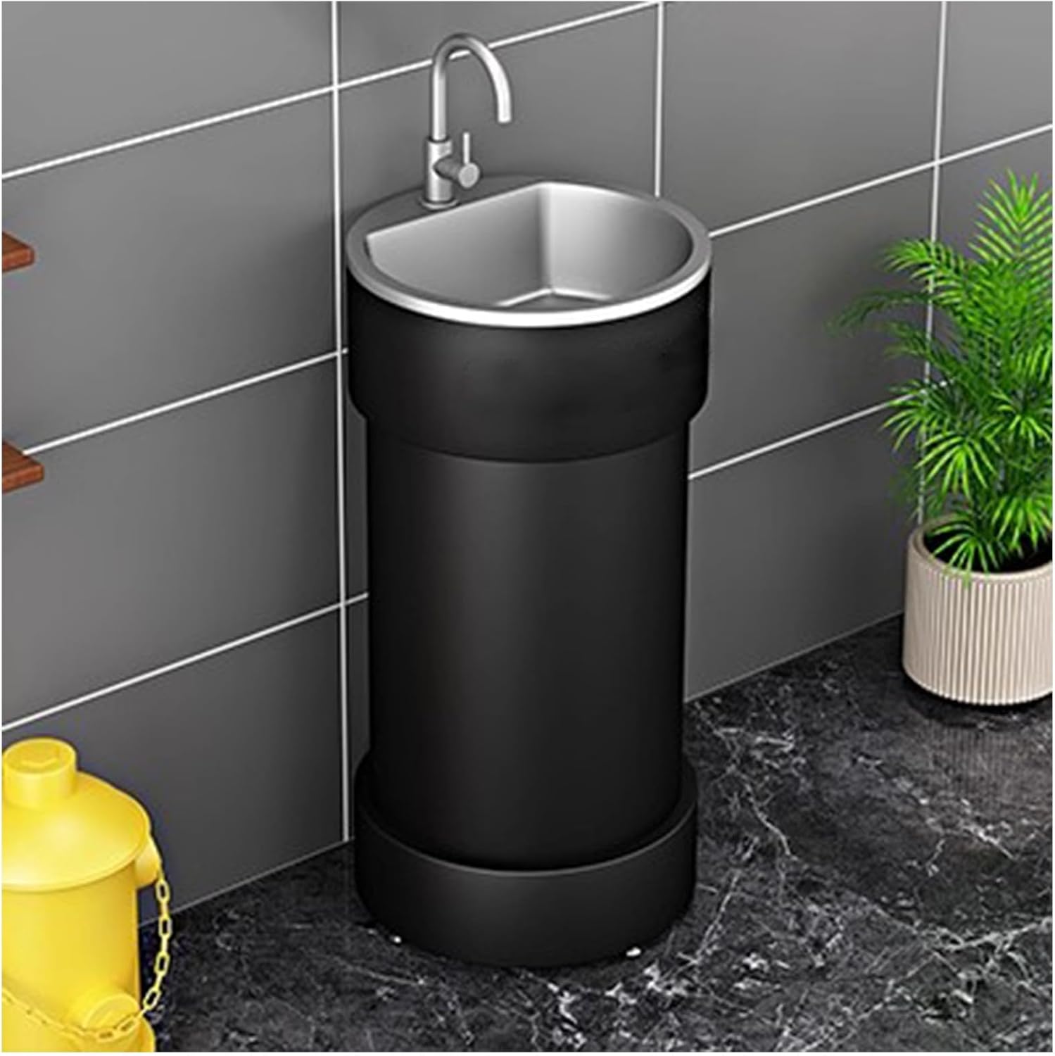 Lavabo pedestal industrial compacto, acero inoxidable, sin espejo
