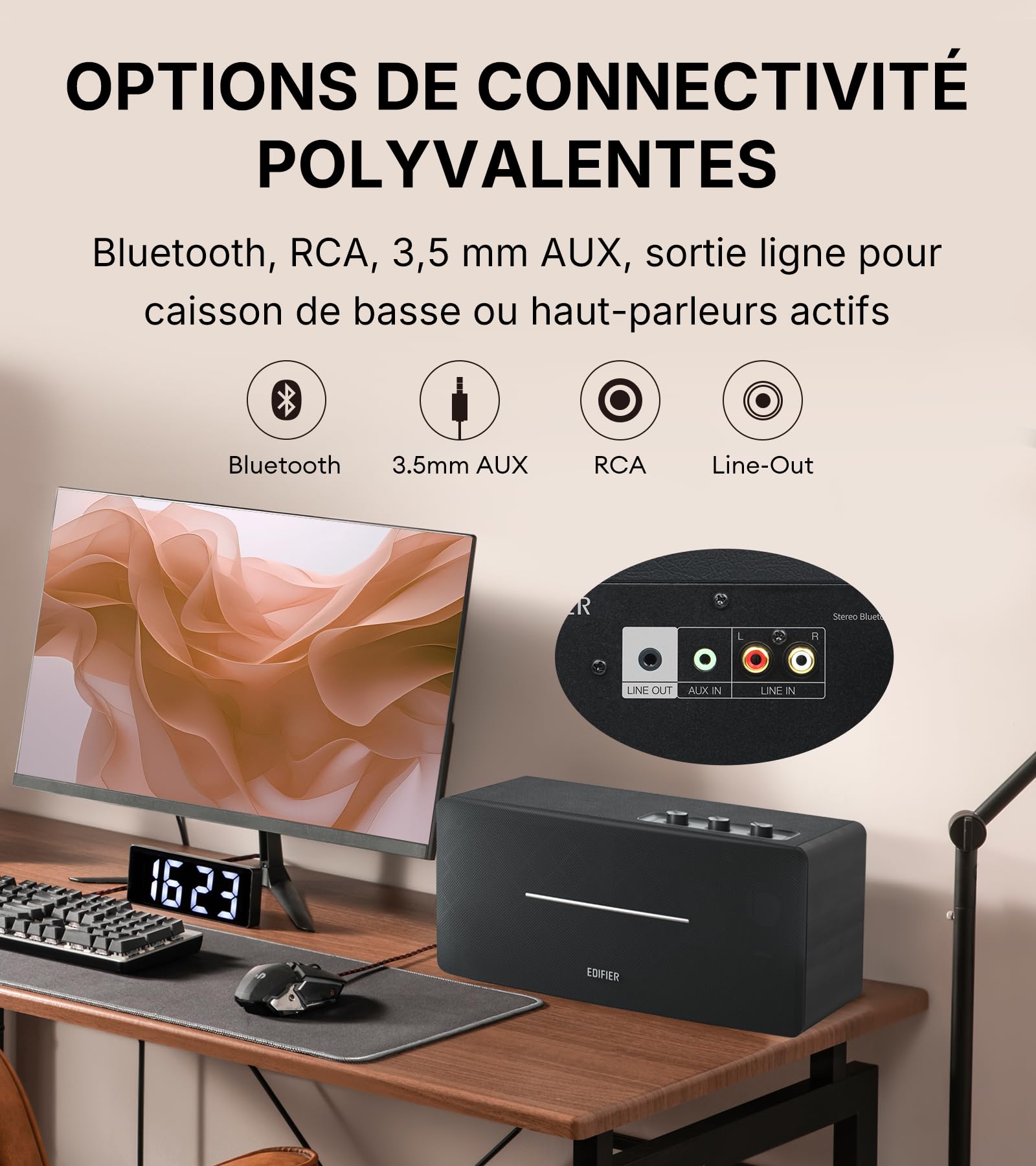 Edifier D12 Haut-Parleur de Bureau Bluetooth, Son Stéréo 70W avec DSP, Entrées RCA/AUX/Bluetooth, Télécommande sans Fil, Enceinte Multimédia pour PC/Smartphone/TV – Noir