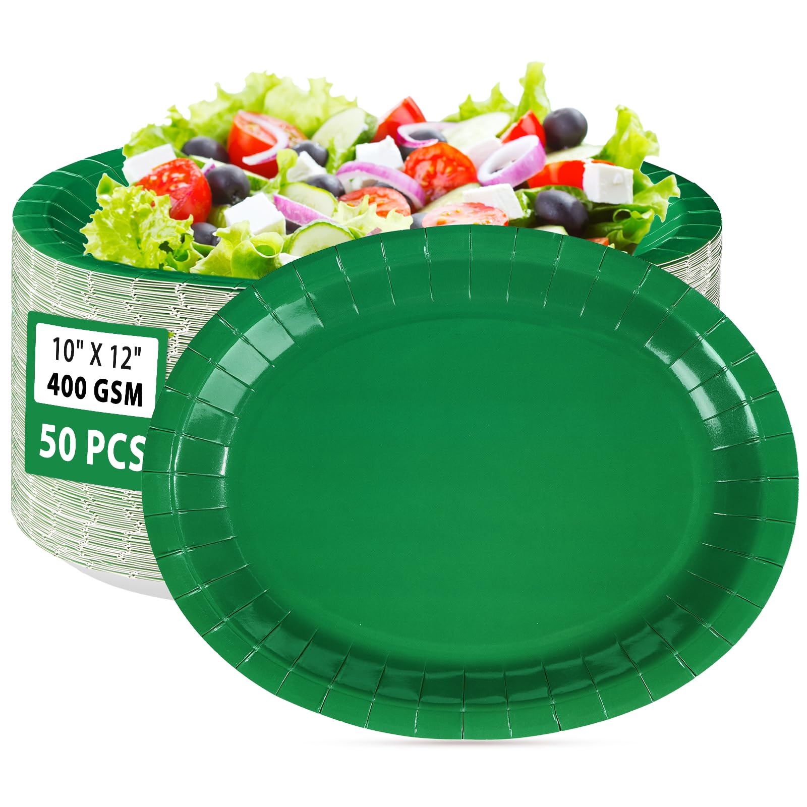 50 PCS Green Oval Paper Plates 10" x 12" Large St. Patrick's Day Plates Disposable Heavy Duty Green St. Patricks Day Paper Plates for Irish Holiday St