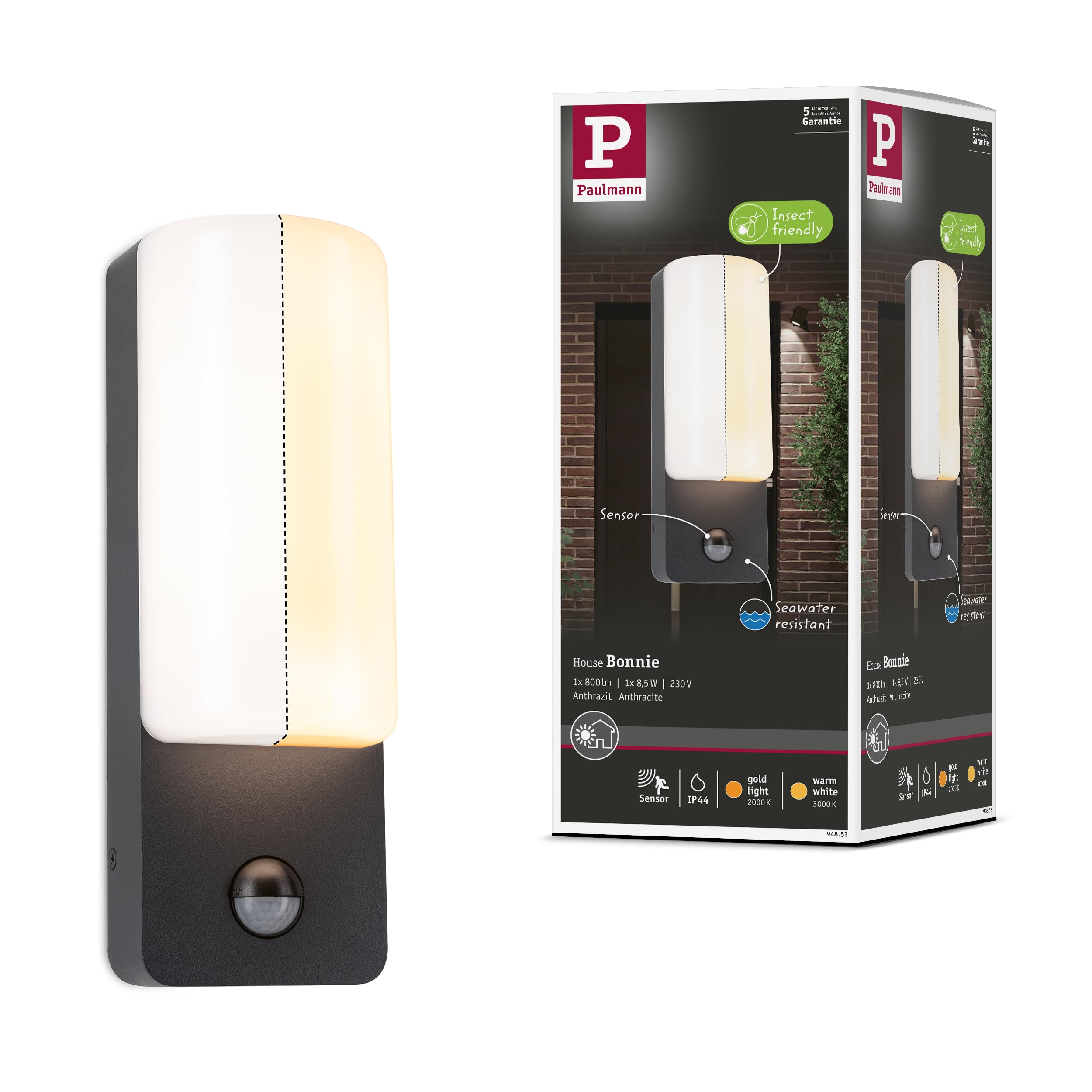 Paulmann Bonnie Led Outdoor Wall Lamp, Aluminium, 2200/3000K, Sensor