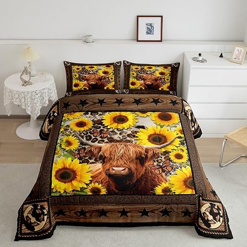 Miniatura 4 de Highland - Juego de edredón para niños, diseño de girasoles de vaca, girasoles, tamaño Queen, decoración de Navidad para niños, niñas y adultos,