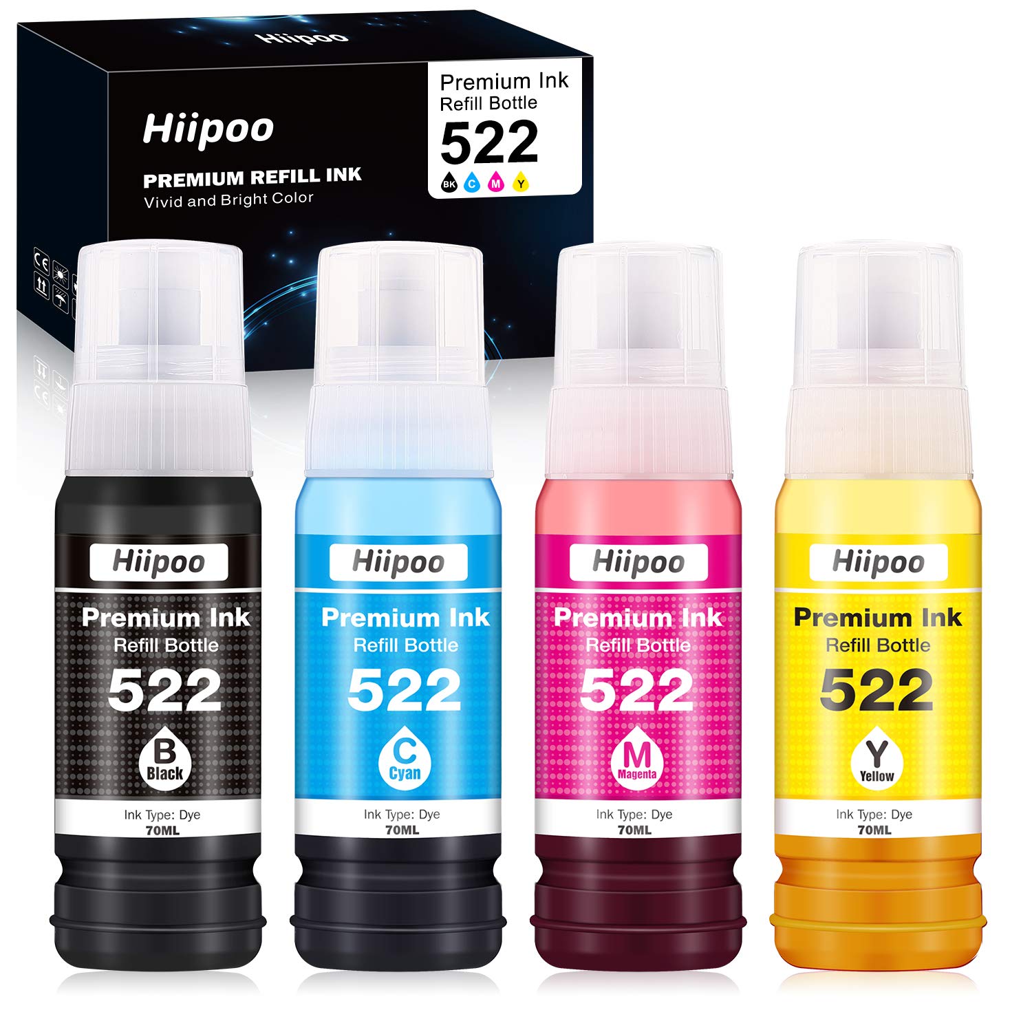 Hiipoo Compatible 522 (Not for Sublimation) High Capacity Refill Ink Bottle Replacement for EcoTank ET-2720 ET-2760 ET-2800 ET-4800 ET-2803 ET-2750 ET-3750 ET-4750 ET-3760 ET-4760 ET-2700 Printer