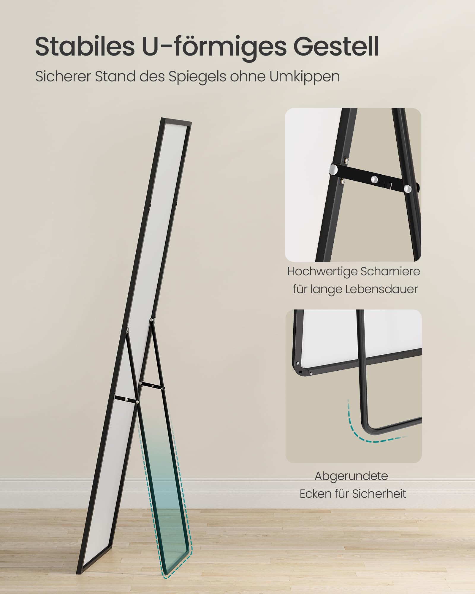 SONGMICS Ganzkörperspiegel, 150 x 40 cm, rechteckiger Standspiegel, Rahmen aus Aluminiumlegierung, Hartglas, quadratische Ecke, für Schlafzimmer, Wohnzimmer, Garderobe, tintenschwarz LFM054BD01