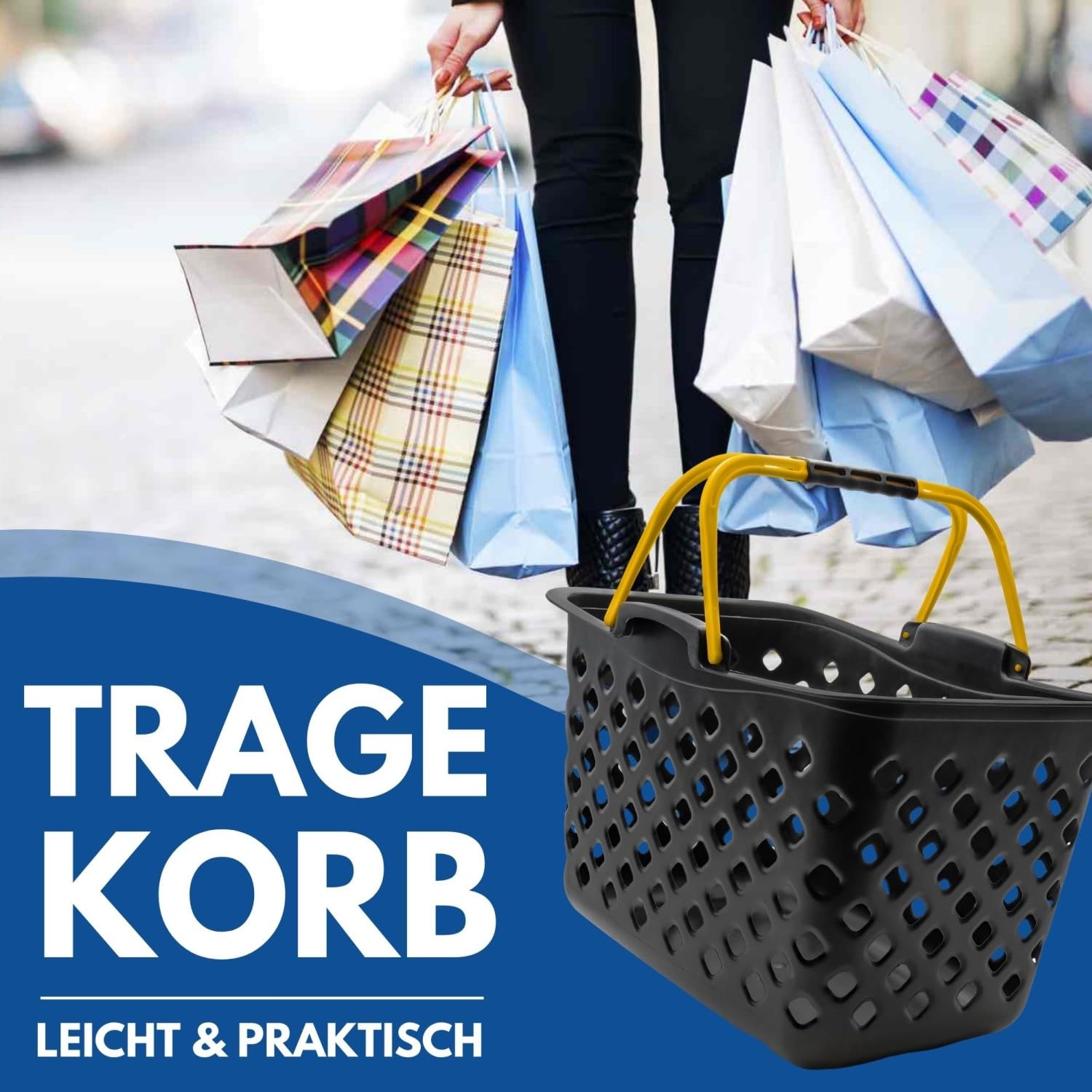 Einkaufskorb Shadow Style – 22L Kunststoff-Korb stapelbar – Mit 2 Tragebügeln für Laden & Einkauf – Lebensmittelecht – Schwarz-Gelb (10 Stk.)
