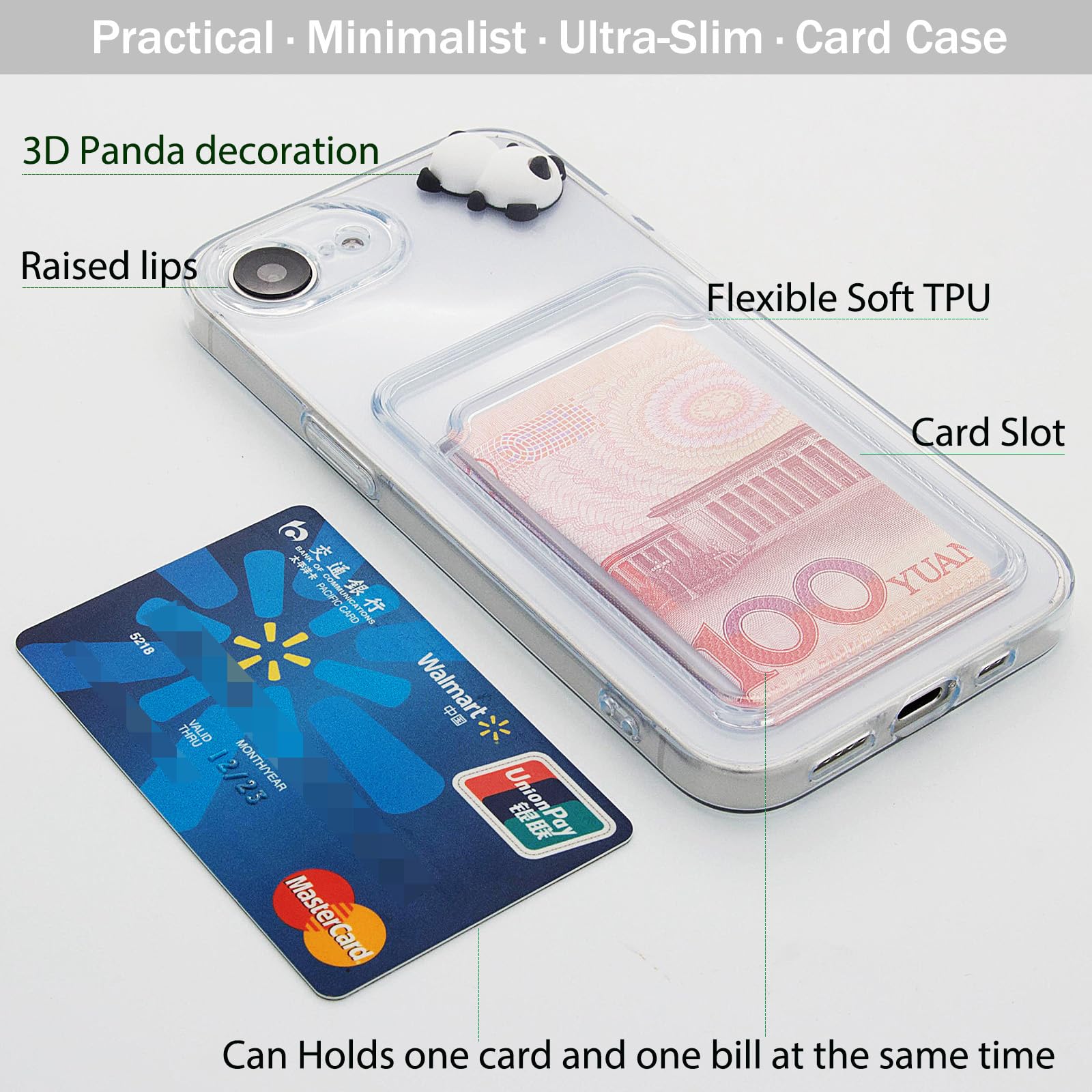 Chengyuanfeng Cover Trasparente per iPhone 16e con Porta Carte, Custodia Ultra-Sottile 1,5 mm in TPU Antigiallo Antiurto, Minimalista Portafoglio con 3D Panda Applicato a Mano, per Studenti e Campus
