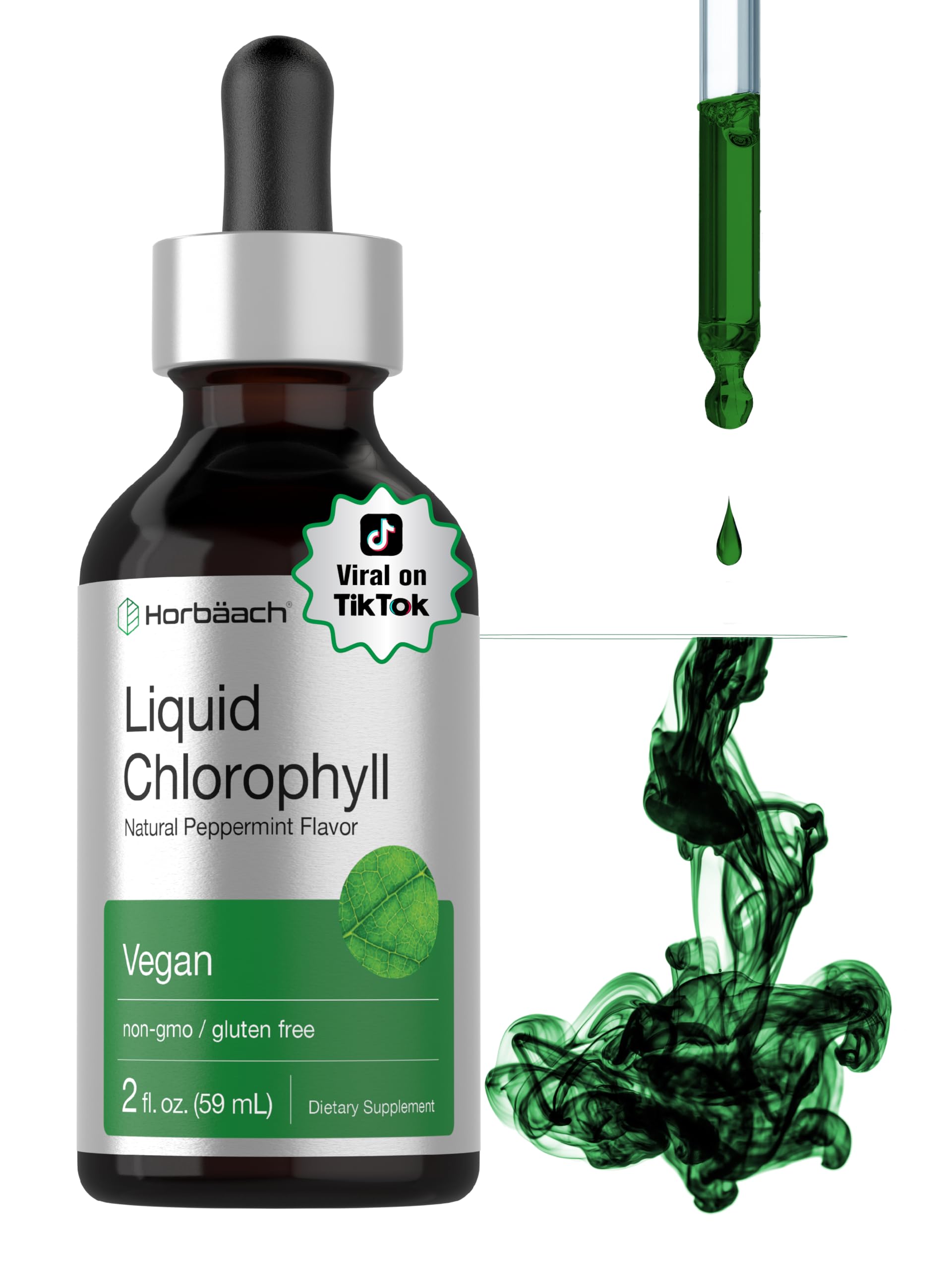 Horbäach Liquid Chlorophyll | 2 oz | Vegan, Non-GMO, and Gluten Free Formula | Natural Peppermint Flavor | by
