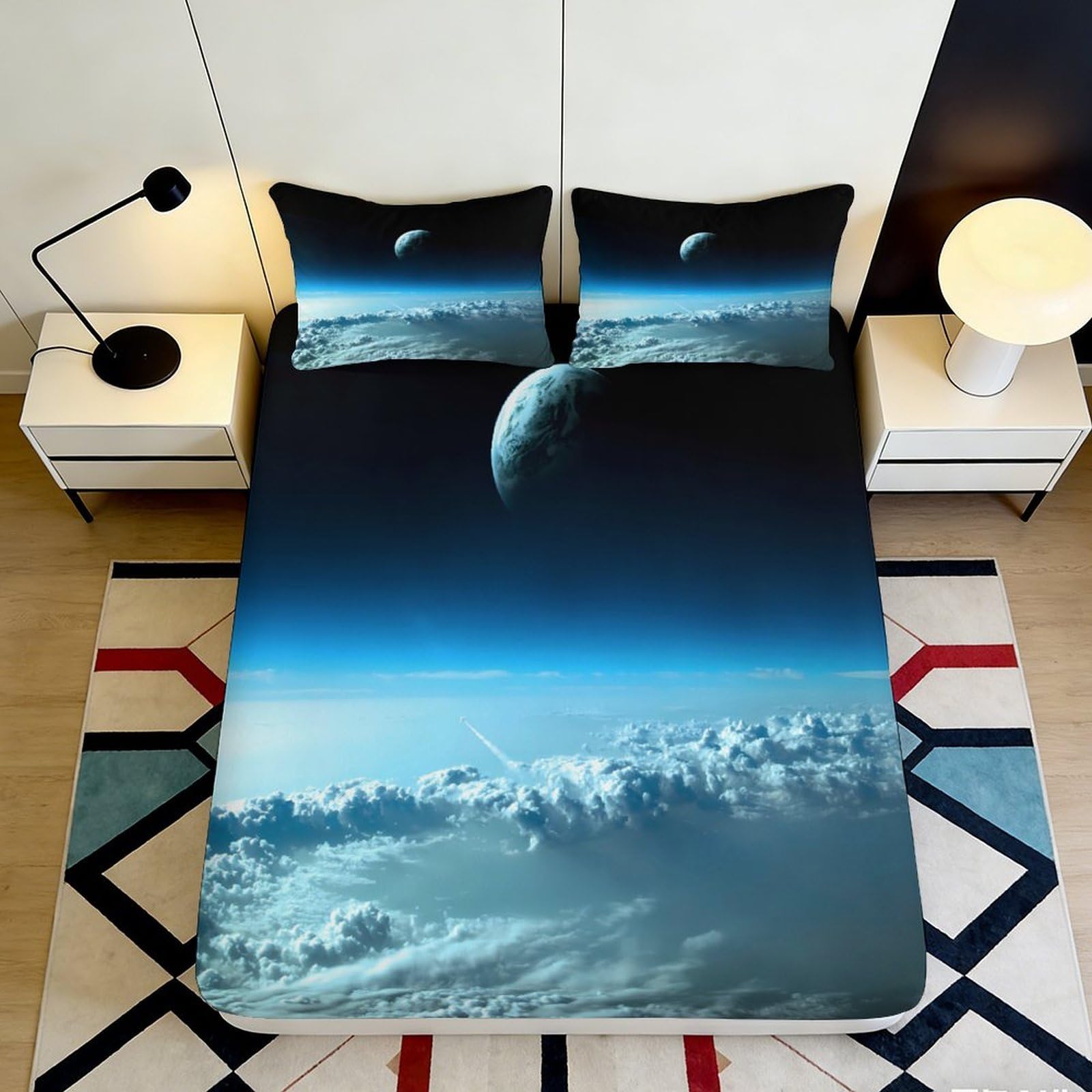 3D Printed Space Planet Fitted Sheet Microfiber Soft Breathable Cosmic Horizon Mattress Cover for Bedroom Dorm Decoration 90x200x25cm