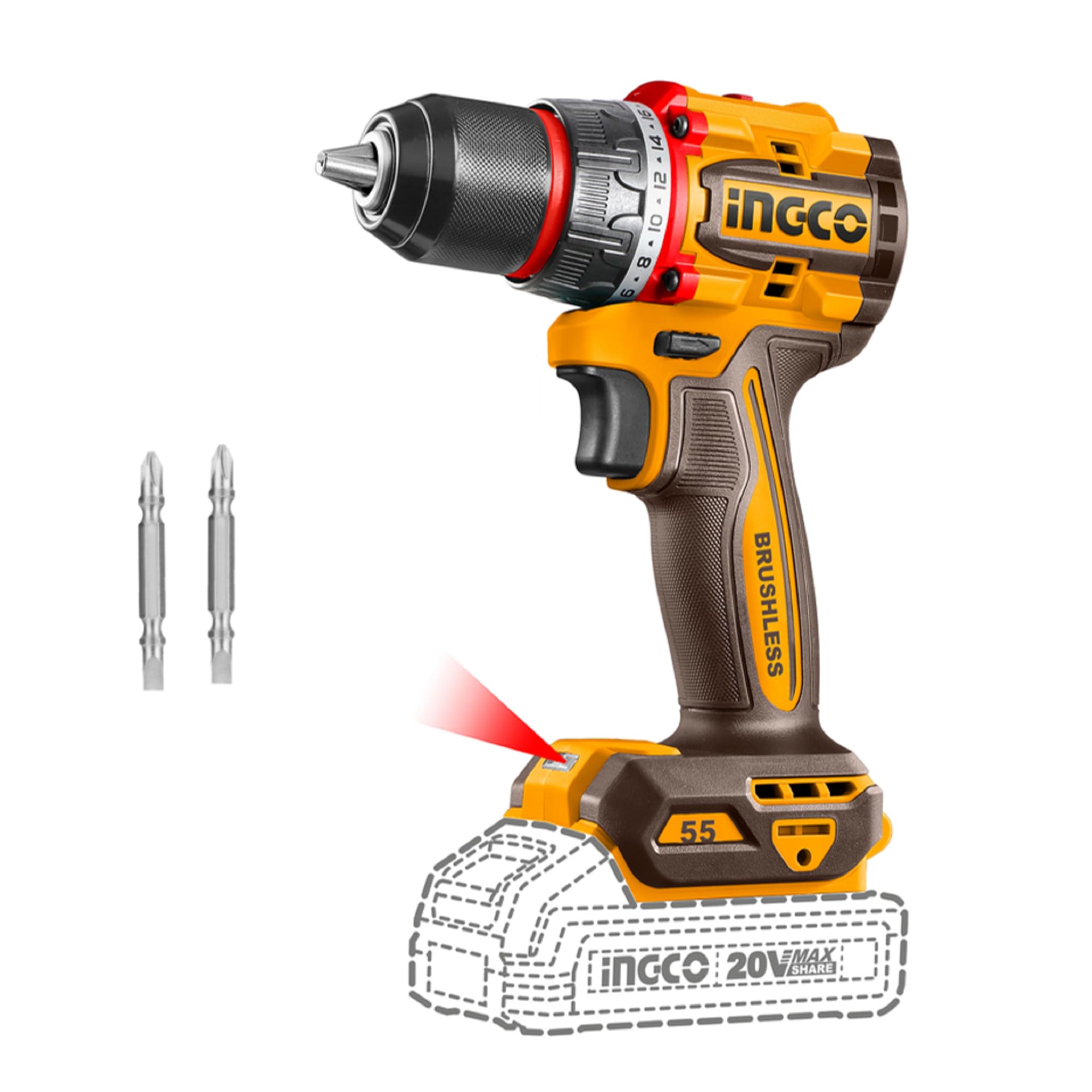 INGCO 20V Lithium-Ion Compact Drill (Body Only) 55NM, Brushless Motor, 13mm Chuck, 2 Speed Gear, 22+1 Torque Settings, LED Work Light-image-15