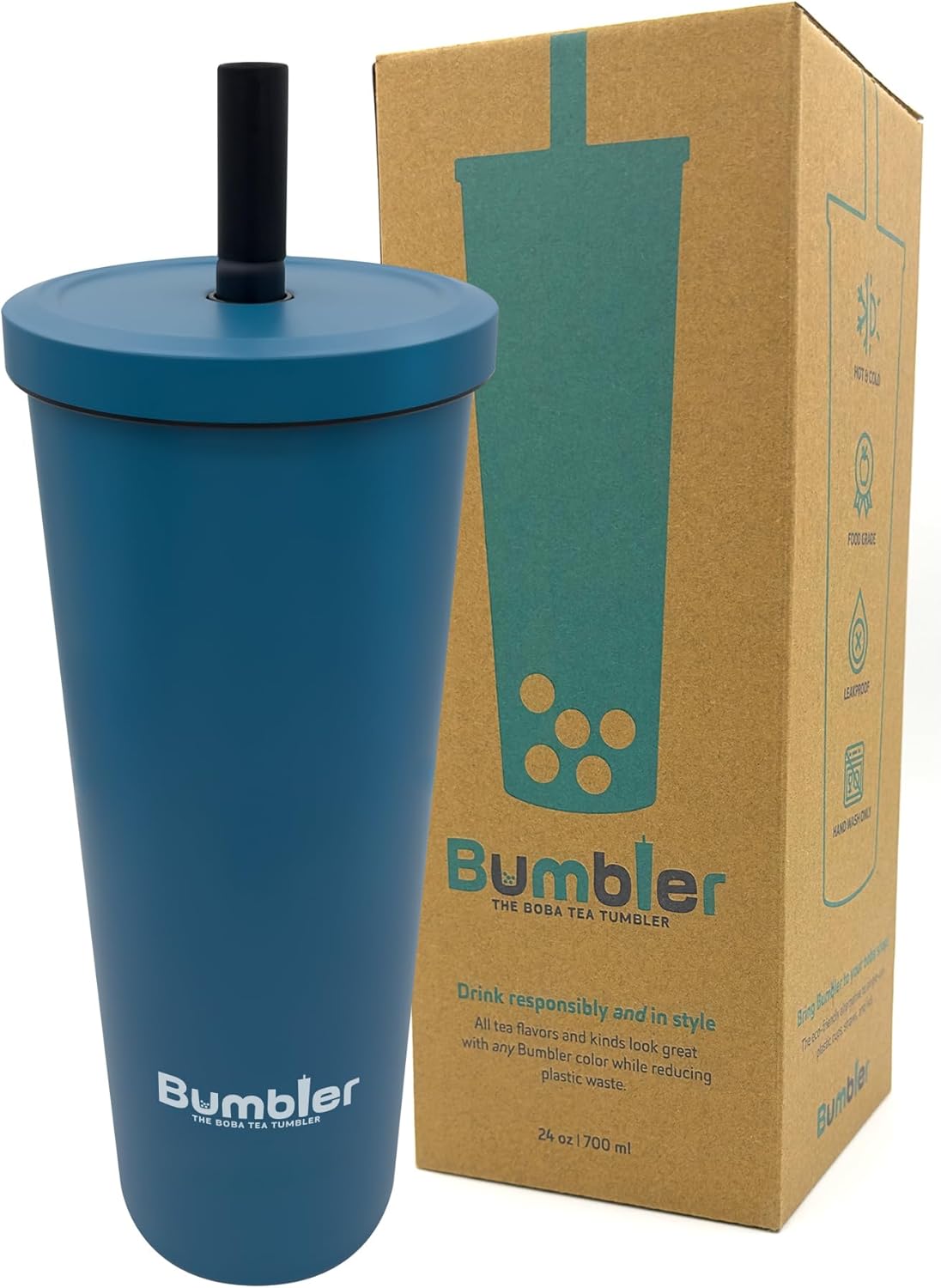 Stainless Steel Bubble Tea Cup – Bumbler 24oz Large Reusable Eco-Friendly Tumbler with Wide Soft Tip Metal Straw, Leak-Proof Lid – for Boba, Smoothies, Iced Coffee, Hot or Cold Drinks – Blue Eclipse
