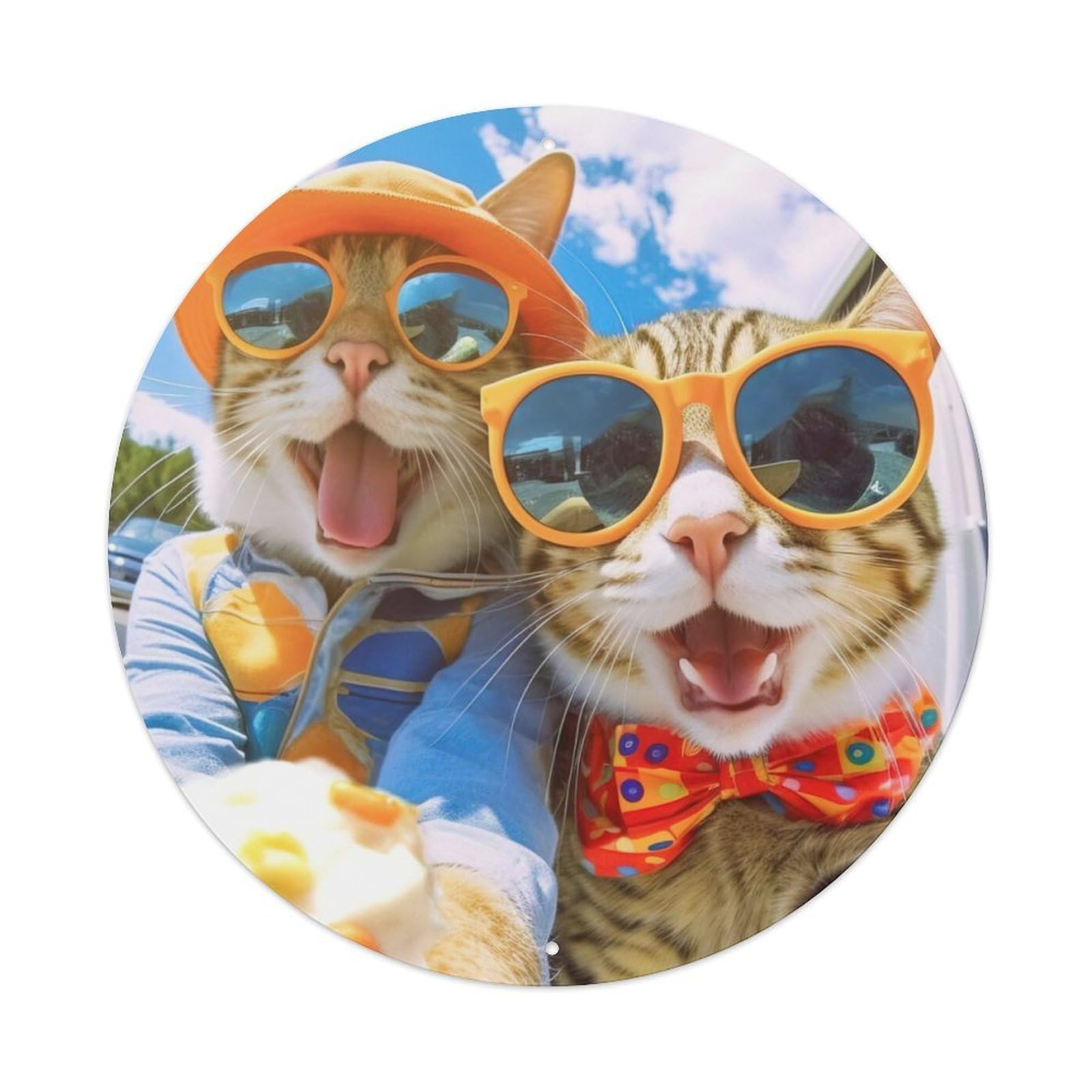 Funny Animal Selfie with A Cat Vintage Metal Tin Sign Plaque Wall Decor for Cafe, Club, Garden Round Metal Poster 8x8Inch