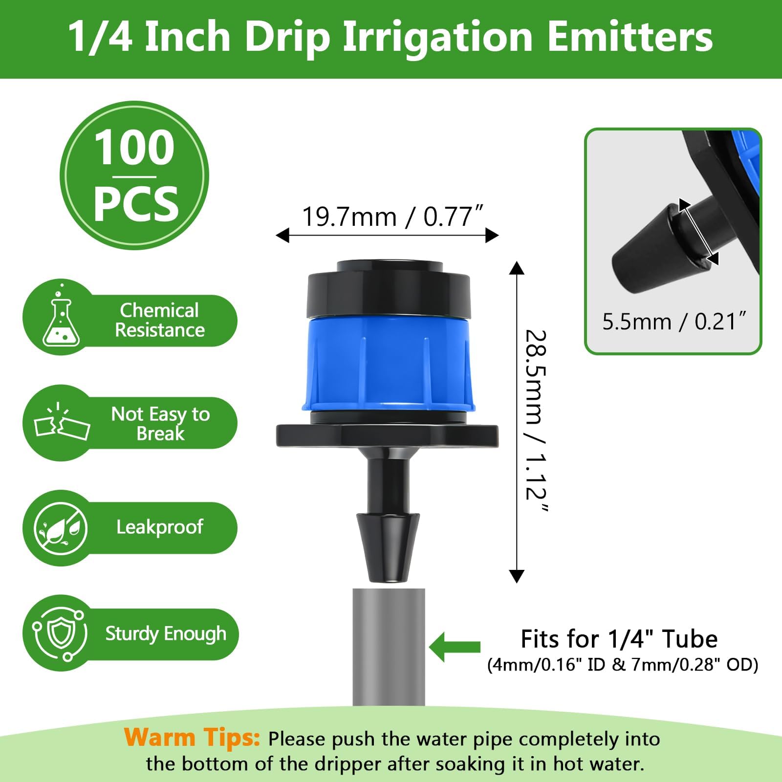 100 sztuk regulowanych emiterów nawadniania kropelkowego 1/4", Kalolary 4/7 mm, zapobiegający zatykaniu przepływu wody, mikro, zraszacz kropelkowy, wąż do wody 360° do systemu nawadniania (niebieski
