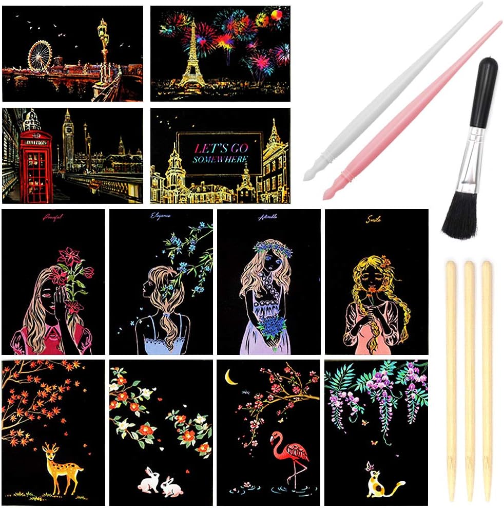 Scratch Art Paper, Rainbow Night View Scratchboard Pads for Adults and Kids, Mini Envelope Postcard Art & Crafts Set: 12 Sheets Scratch Cards & Scratch Drawing Pen, Clean Brush 7.9"x5.5" (City Living)