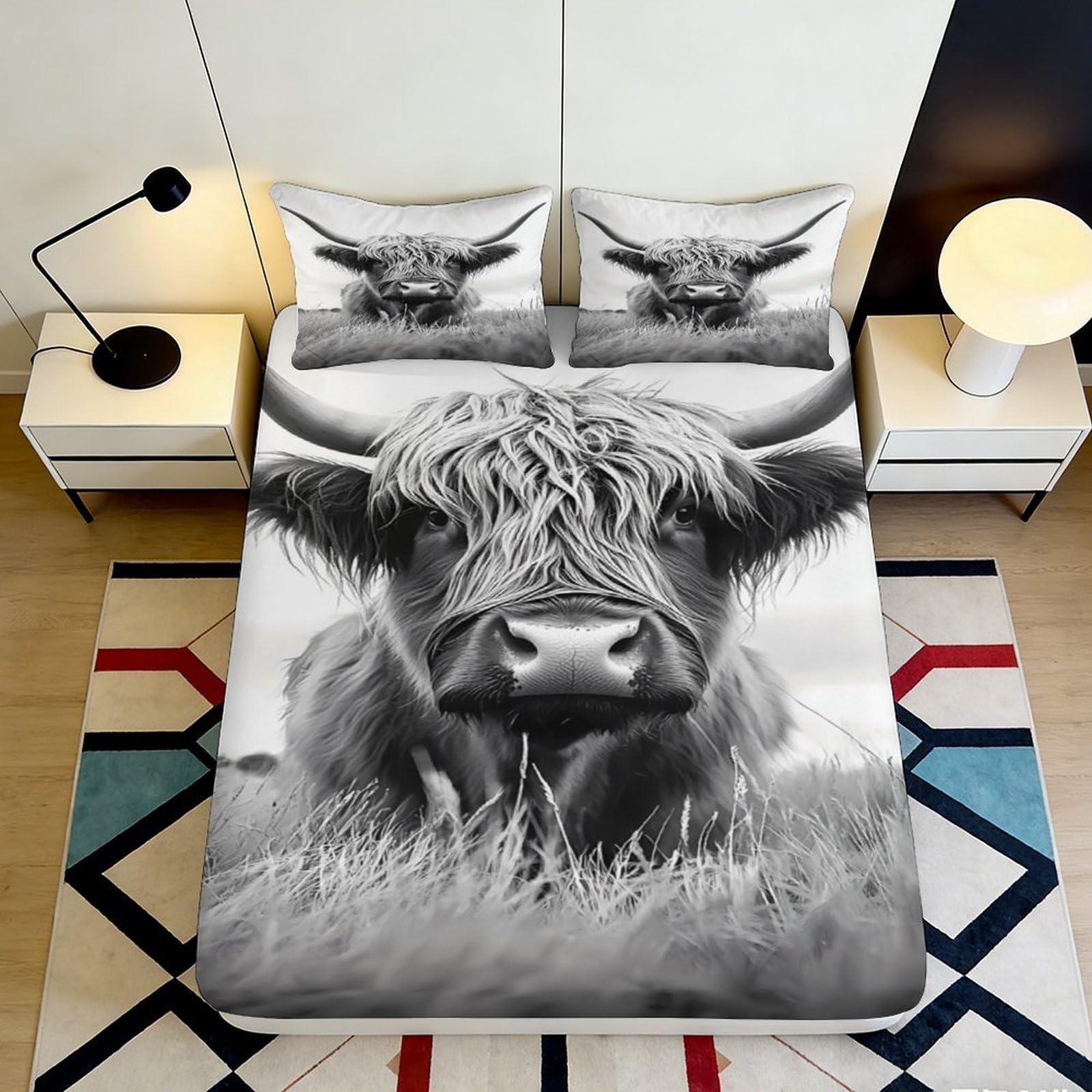 3D Printed Highland Cow Fitted Sheet Microfiber Soft Artistic Cattle Mattress Cover for Bedroom Dorm Decor 90x200x25cm