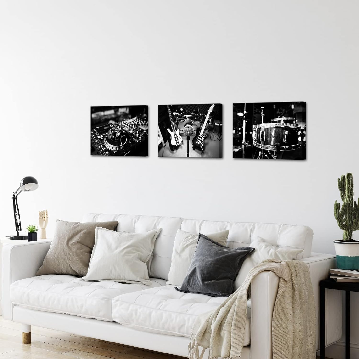 OuElegent Music Studio Canvas Wall Art Musical Instruments Pictures Prints Black and White Guitar Drums Poster for Living Room Bedroom Home Decor Framed 12"x16"x3 Pcs (samll)