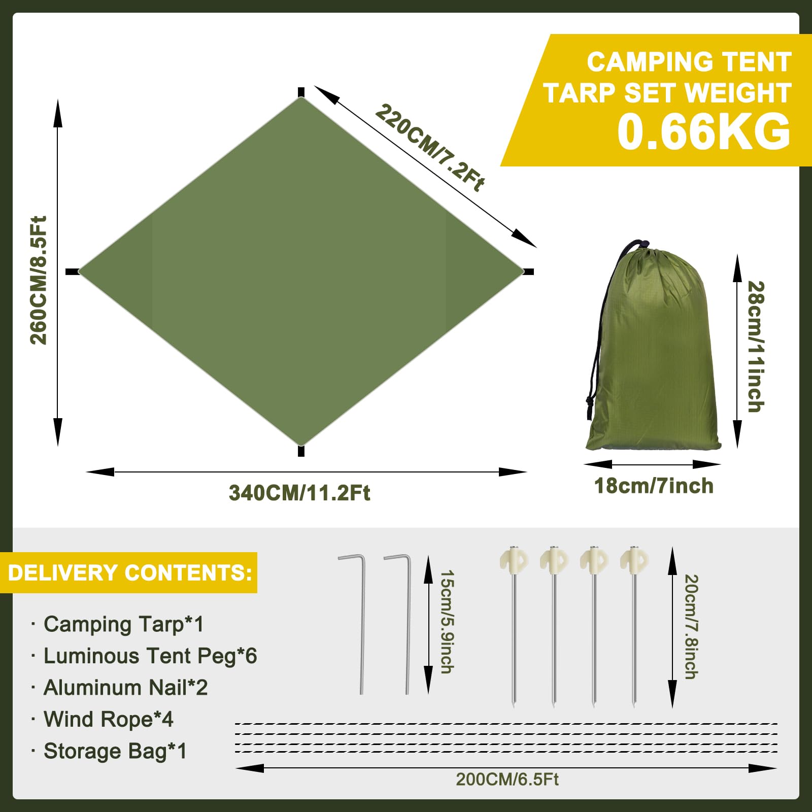 Hossom Toldo Camping Impermeable, 3,4X2,6M Ultraligero y Portátil Toldo de Refugio, ienañda de Campa Hamaca, Protección UV, Anti Desgarro, Tarp para Hamaca Picnic Pesca Camping Senderismo