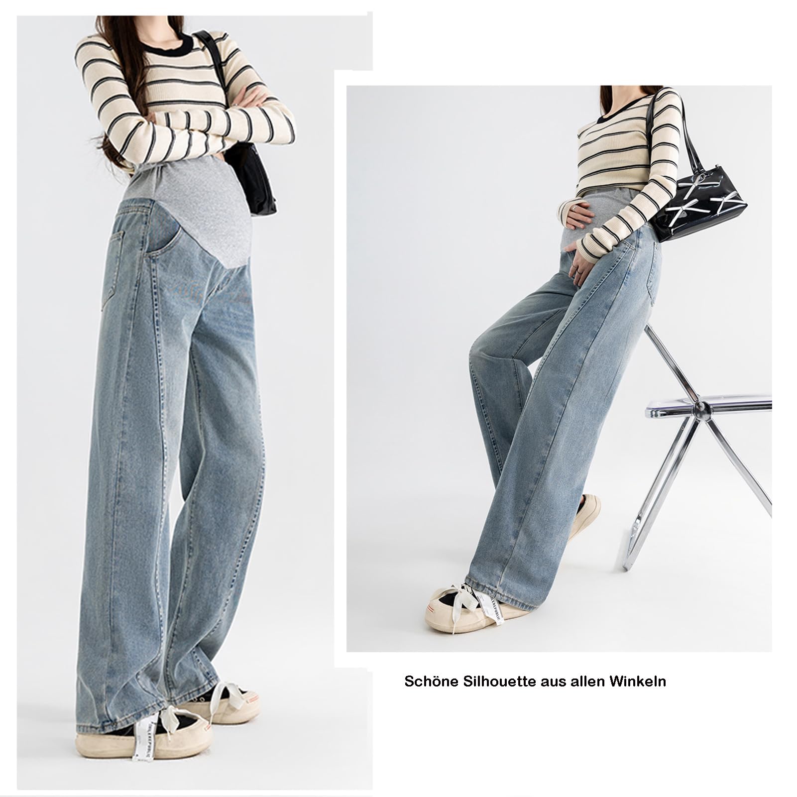 Jean pour femme enceinte avant et après l'accouchement : coupe large étroite, coupe ample, denim doux avec bande de réglage - pour les femmes de moins de 170 cm, avec poches pratiques