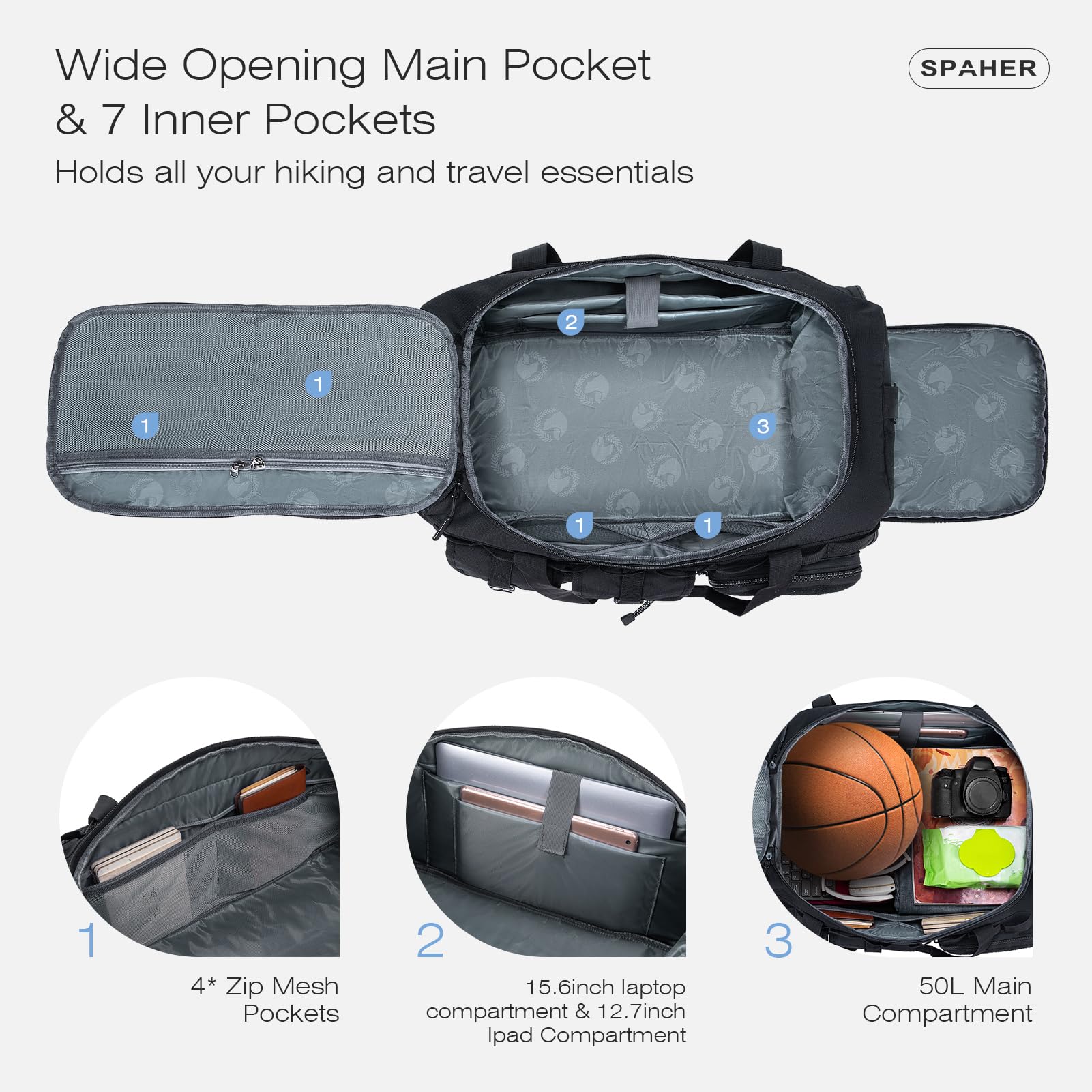 SPAHER 3 in 1 Borsone Palestra Viaggio 55x35x25 Zaino Tattico 50L, Nero | Scomparto Scarpe e Tasca Umida, Oxford Impermeabile, Tracolla Imbottita Rimovibile, per Sport, Escursionismo, Viaggi, Nuoto