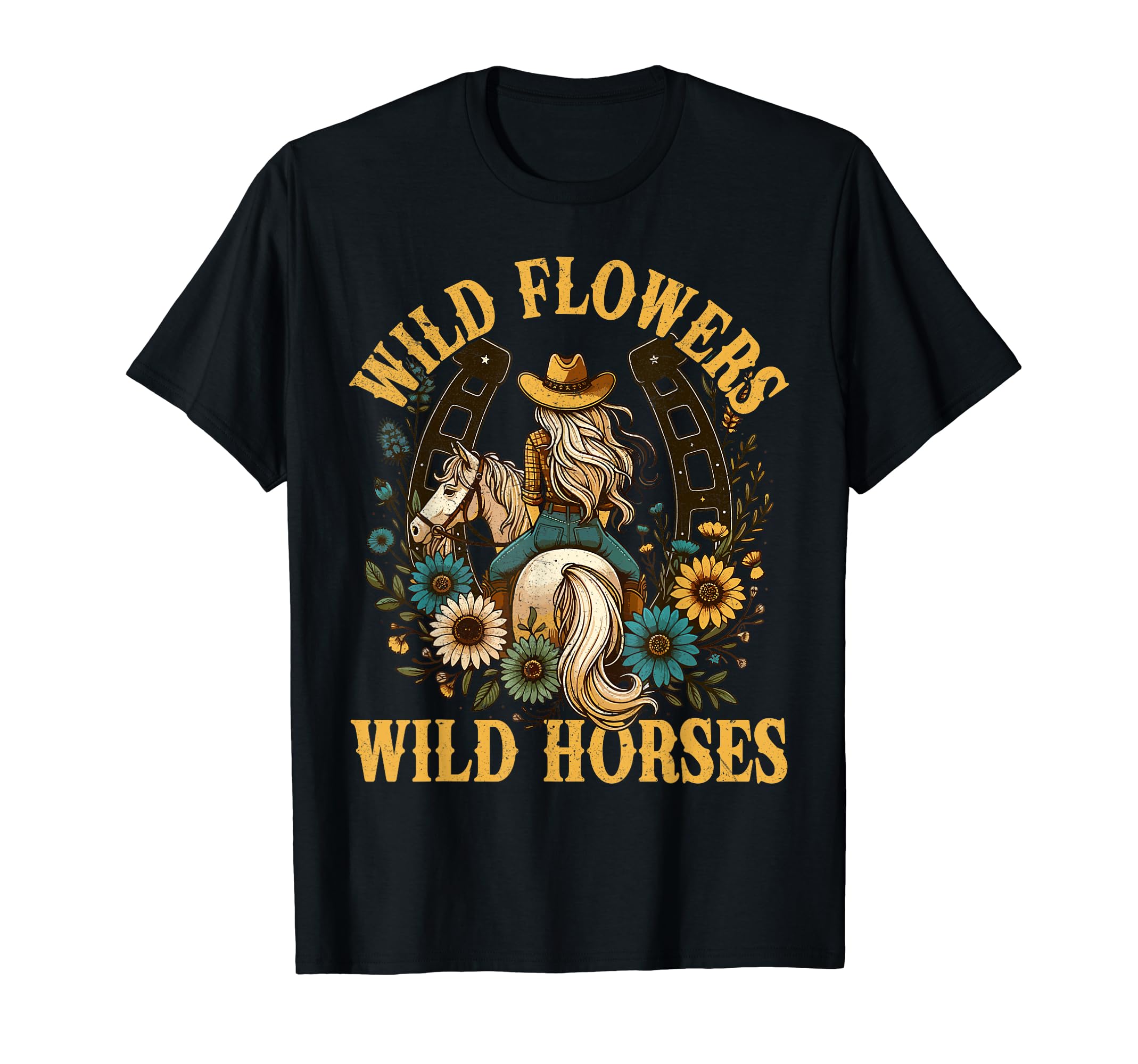 Sunset Cowgirl Riding HorseRetro Southern Sunset Cowgirl Wild Flowers - Wild Horses T-ShirtOEKO-TEX STANDARD 100