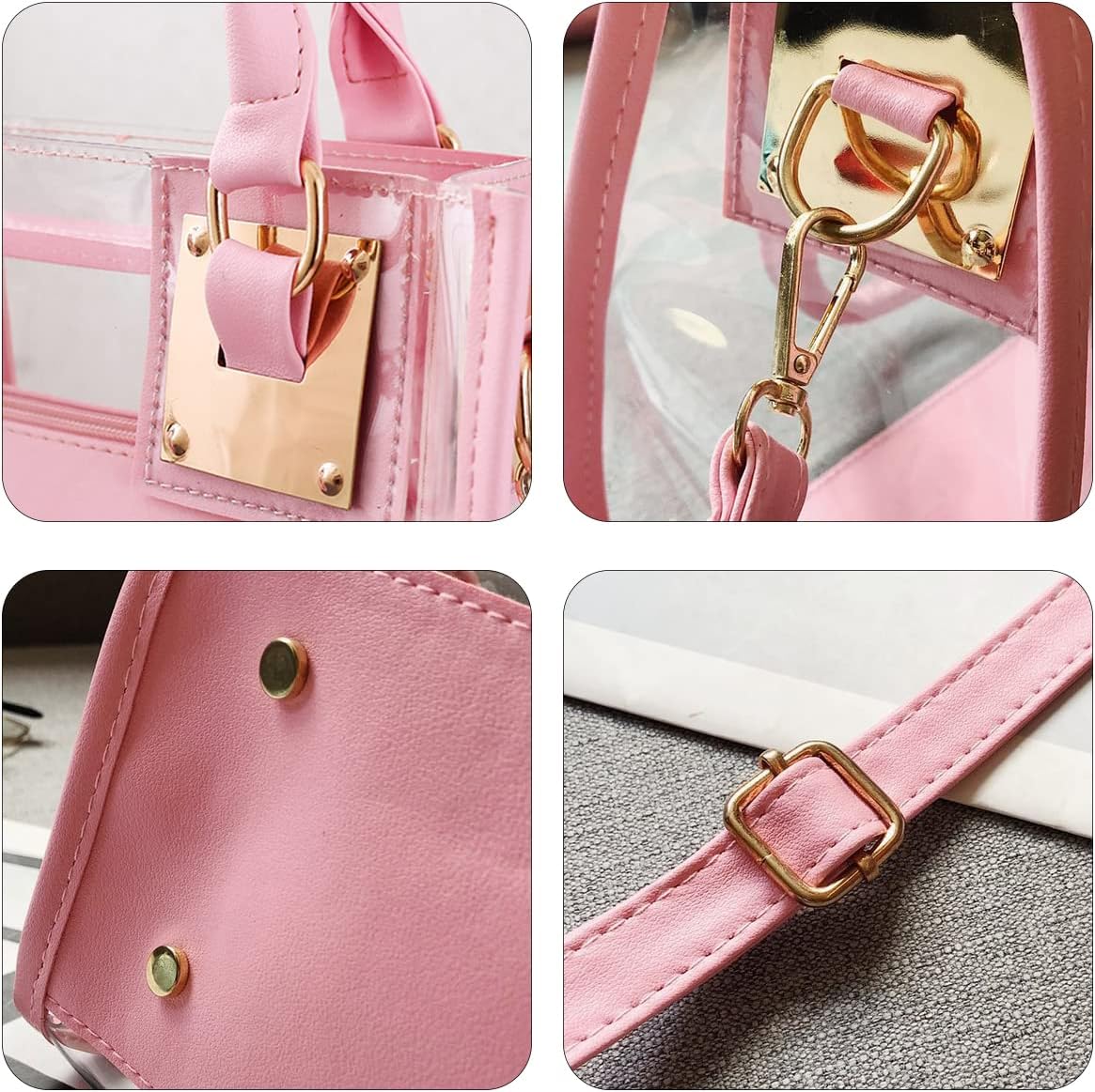 Women Fashion 2Pcs Clear Tote Handbag Transparent PVC Summer Jelly Bag Cute Shoulder Crossbody Bag(Pink)