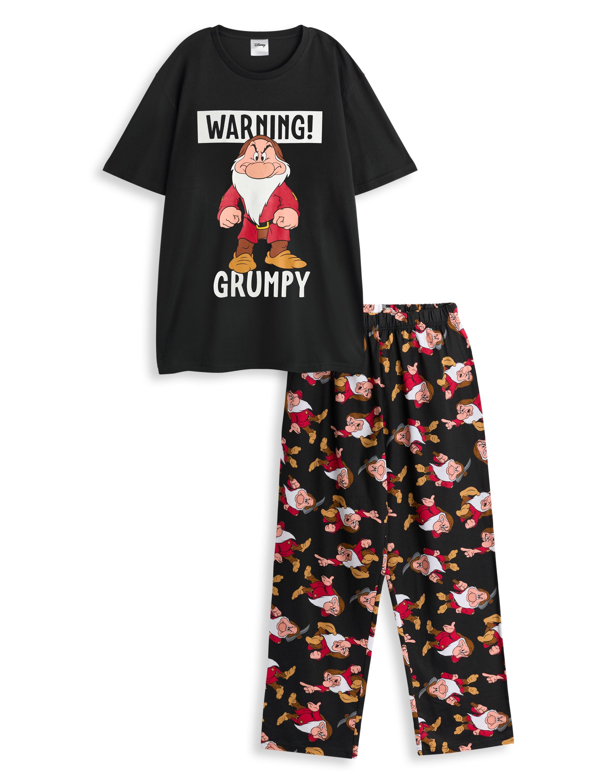Disney Men's Black Snow White & The Seven Dwarfs Grumpy Graphic Tee | Short Sleeve Cartoon Shirt With 'Warning! Grumpy' Print | Classic Crew Neck Sleepwear Top