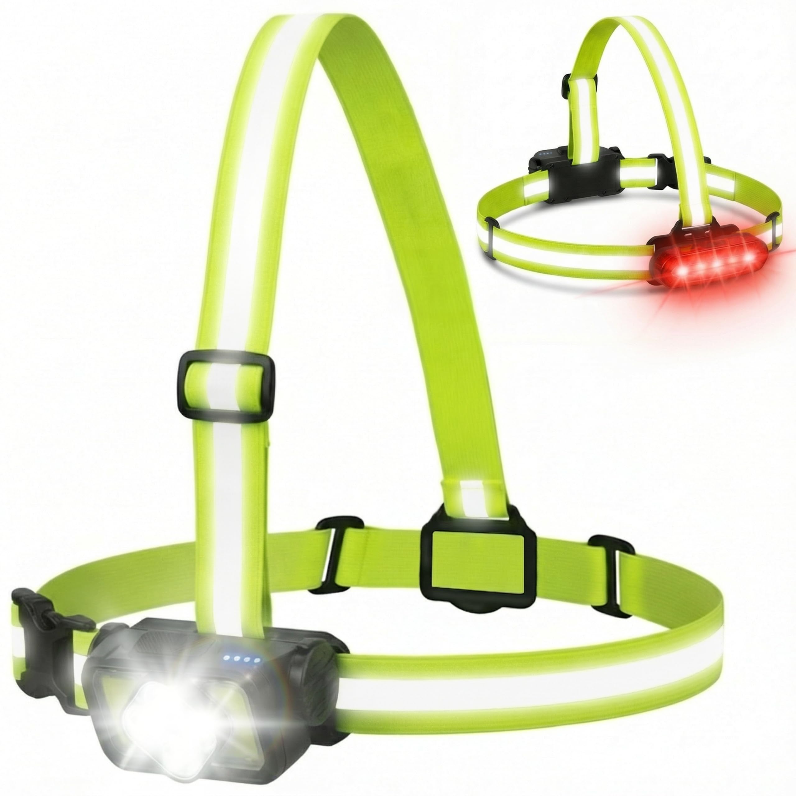 Lampada Pettorale Running LED Ricaricabile – Visibilità 360° Anteriore e Posteriore – Imbracatura Leggera Regolabile – Sicurezza Notturna per Corsa, Camminata e Bici