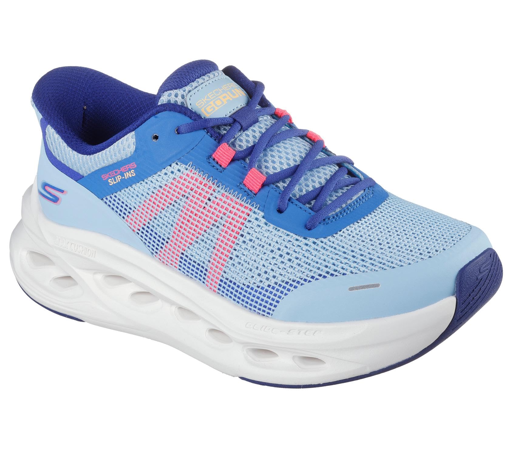 Skechers Women's Max Cushioning Glide-Step Aberdeen Slip-in Trainers, Lt. Blue Synthetic/Coral Trim, 4.5 UK