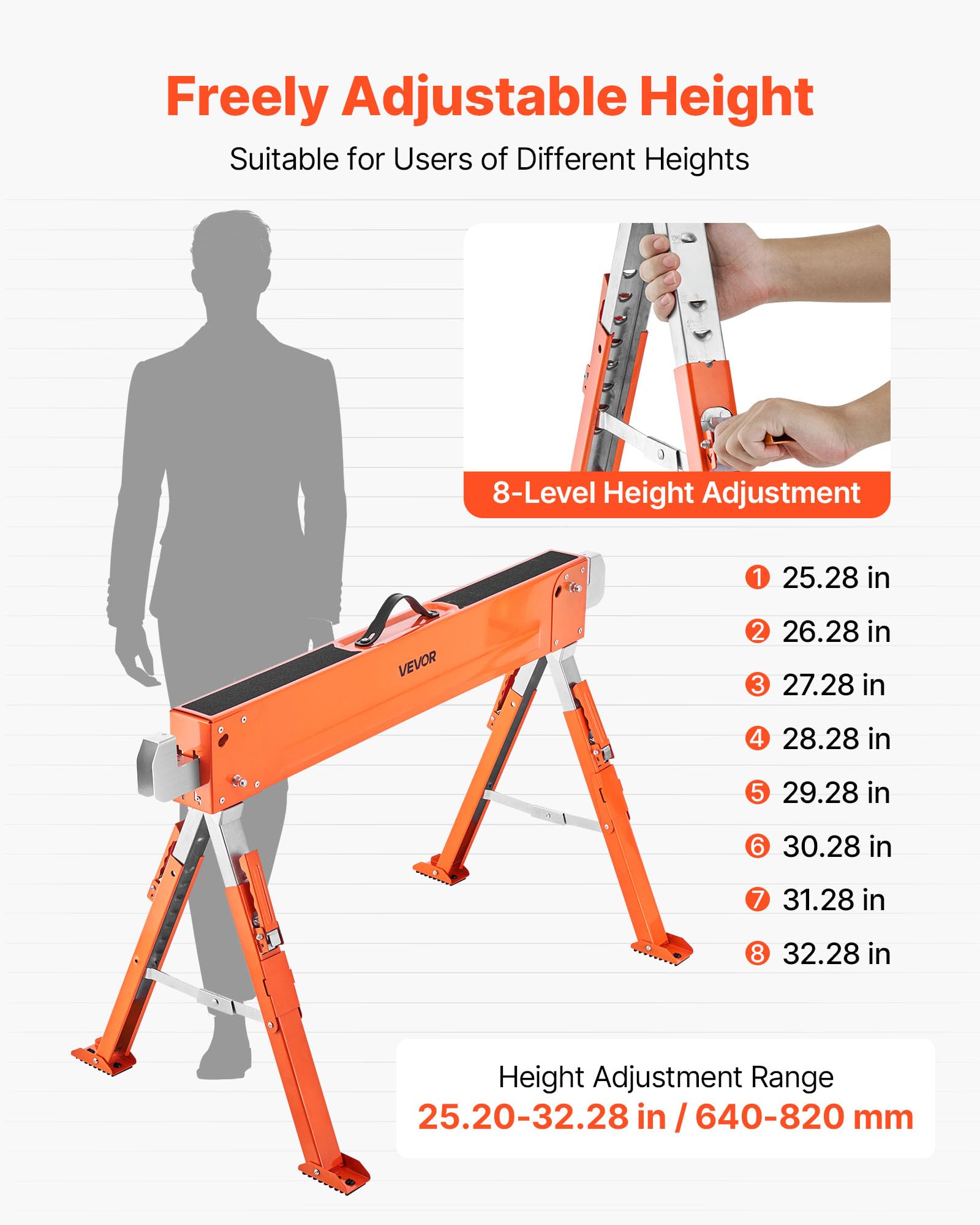 VEVOR Chevalet de Sciage, Lot de 2, Tréteau de Sciage Pliable, Capacité de Charge 816,5 kg, Hauteur Réglable, Pieds Robustes, Patins Antidérapants, Outil pour Menuiserie, Menuisiers, Bricoleurs Bois