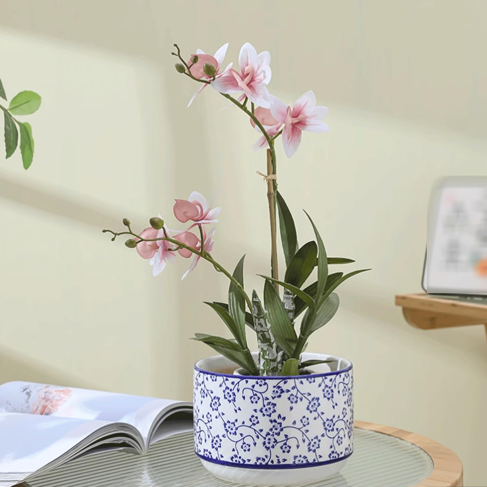 Maceta Chinoiserie Vaso per piante in porcellana blu e bianca, vaso da fiori decorativo in ceramica cinese, con foro di drenaggio e vassoio, per interni e giardino