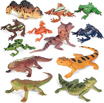 12PCS Reptile Lizard Animals Figures, Mini Plastic Realistic Cold Blooded Amphibian Frog Jungle Chameleon Rainforest Character Toys for Kids Educational Halloween Prank Props Diorama Easter Eggs
