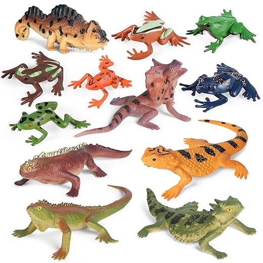 12PCS Reptile Lizard Animals Figures, Mini Plastic Realistic Cold Blooded Amphibian Frog Jungle Chameleon Rainforest Character Toys for Kids Educational Halloween Prank Props Diorama Easter Eggs