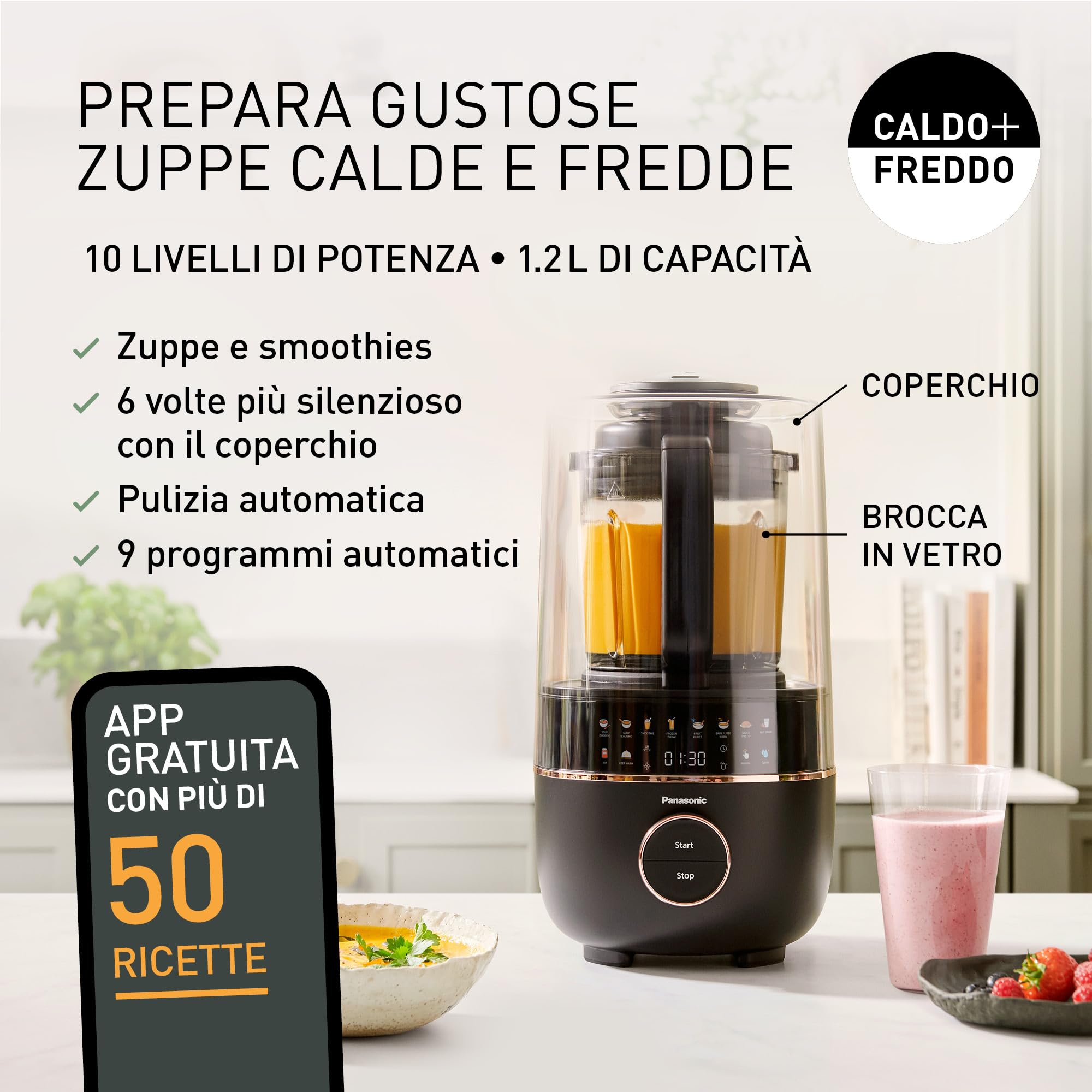 Panasonic MX-HG4401KXE Frullatore e prepara/cuoci zuppe, 1,2L, 800W, Caldo e Freddo, 9 Modalità Automatiche, 10 Impostazioni di Velocità, Timer, Mantieni Caldo, Pulizia Automatica, Nero e Oro Rosa