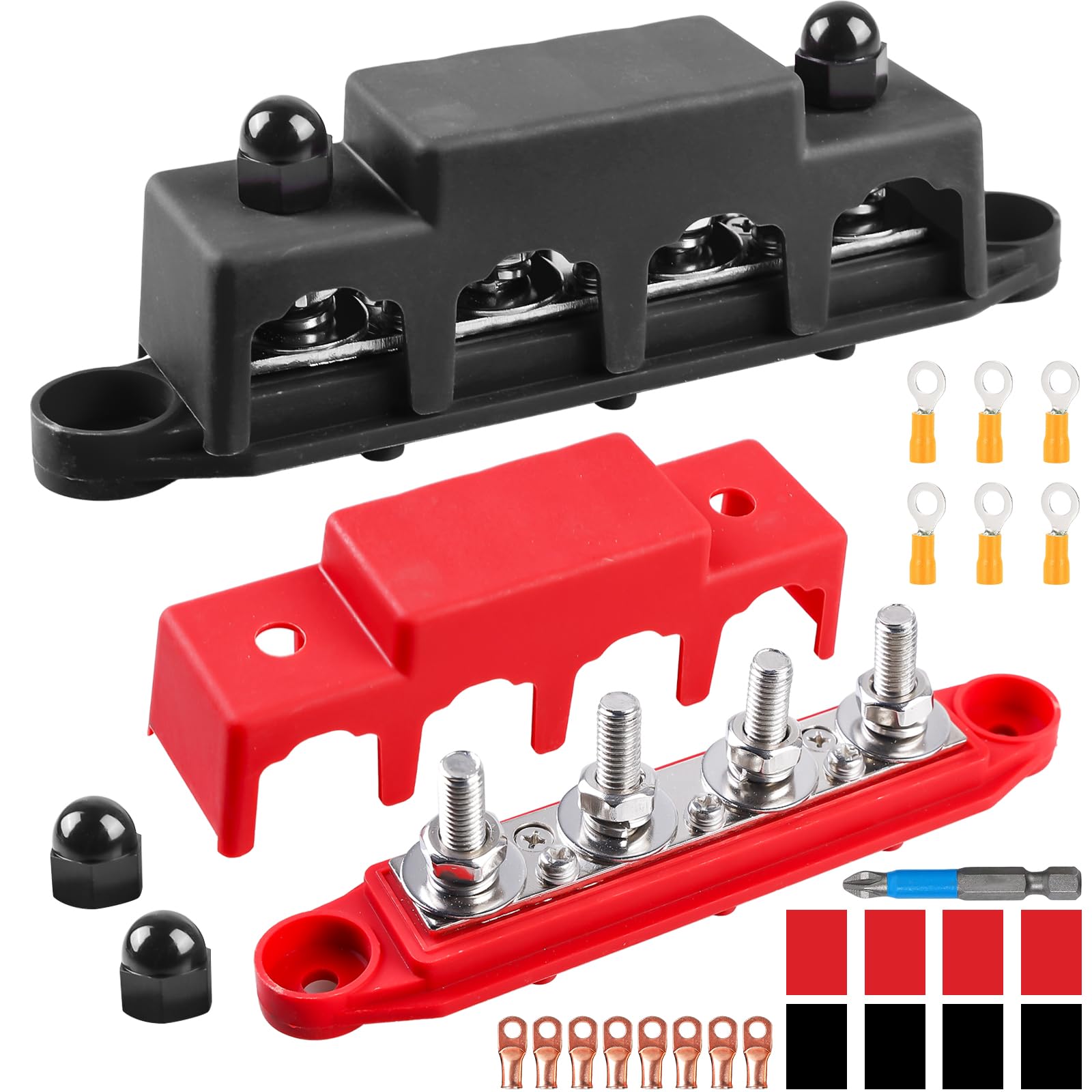 Set di 2 barre da 12 V-48 V CC, BusBar da 250 A con 4 perni terminali M8, modulo ad alte prestazioni, blocco per sbarre collettrici con copertura per auto, blu navy