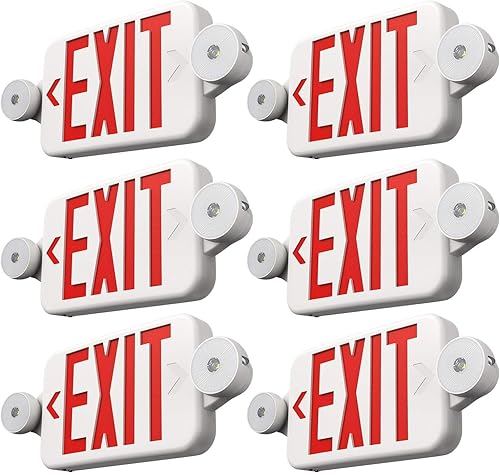 6 Pack Red Exit Signs with Emergency Lights, Two LED Adjustable Head Emergency Exit Light with Battery Backup,UL Listed, AC 120277V,Exit Sign Combo