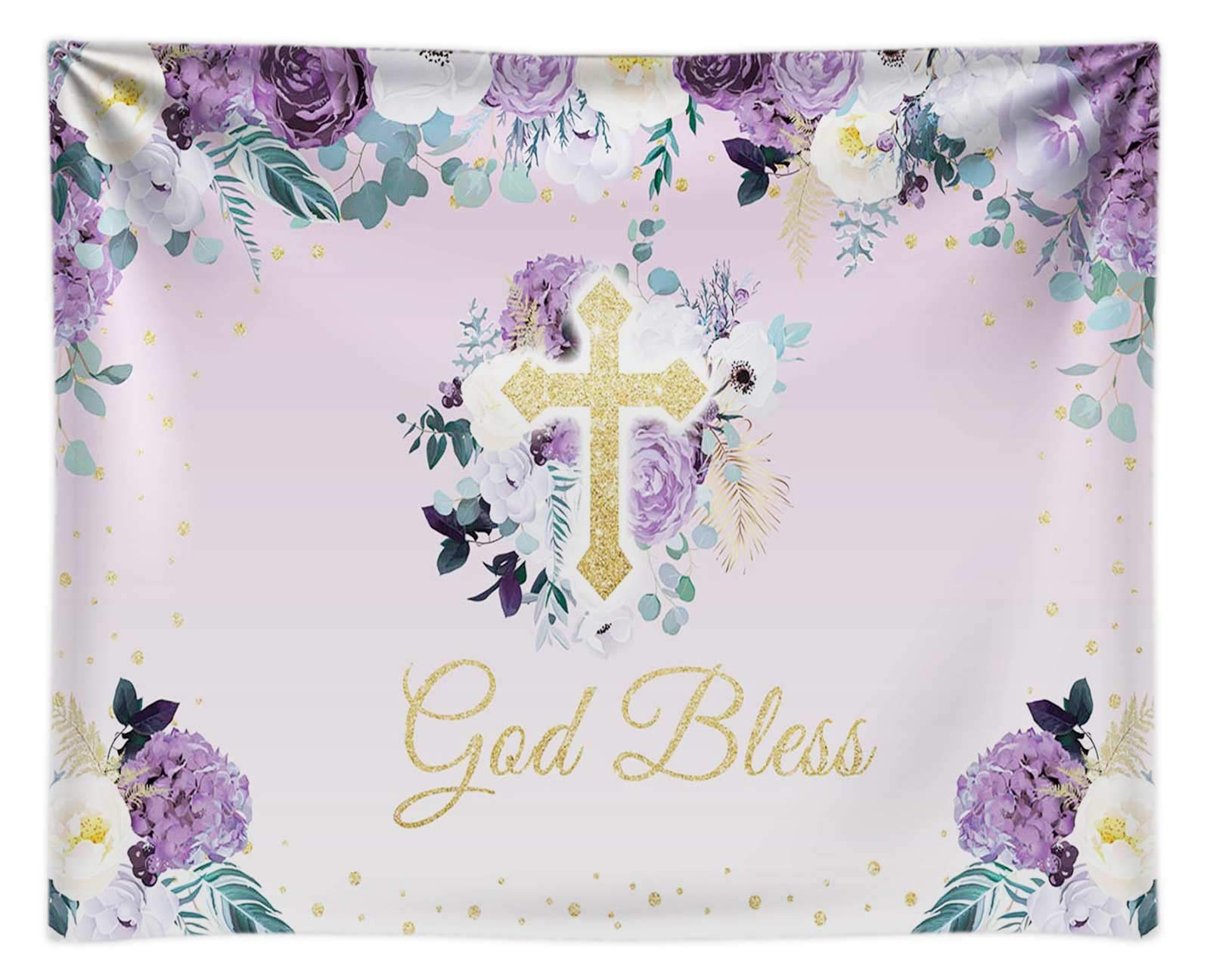 FunnytreeFabric 10x8FT God Bless Backdrop Baptism Party First Holy Communion Christening Banner Decor Purple Flower Baby Shower Background Favors Gifts Supplies Photo Booth Props