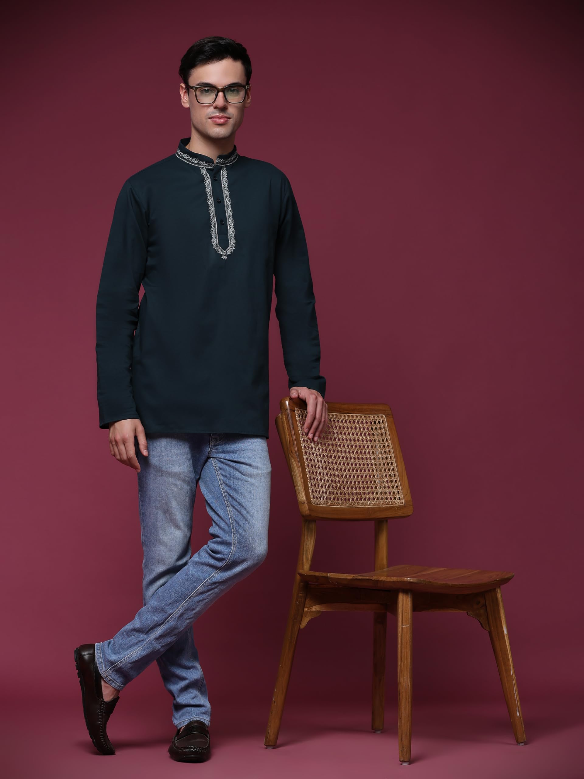 SKAVIJ Uomo Indiano Ricamate Maniche Lunghe Camicie Casual