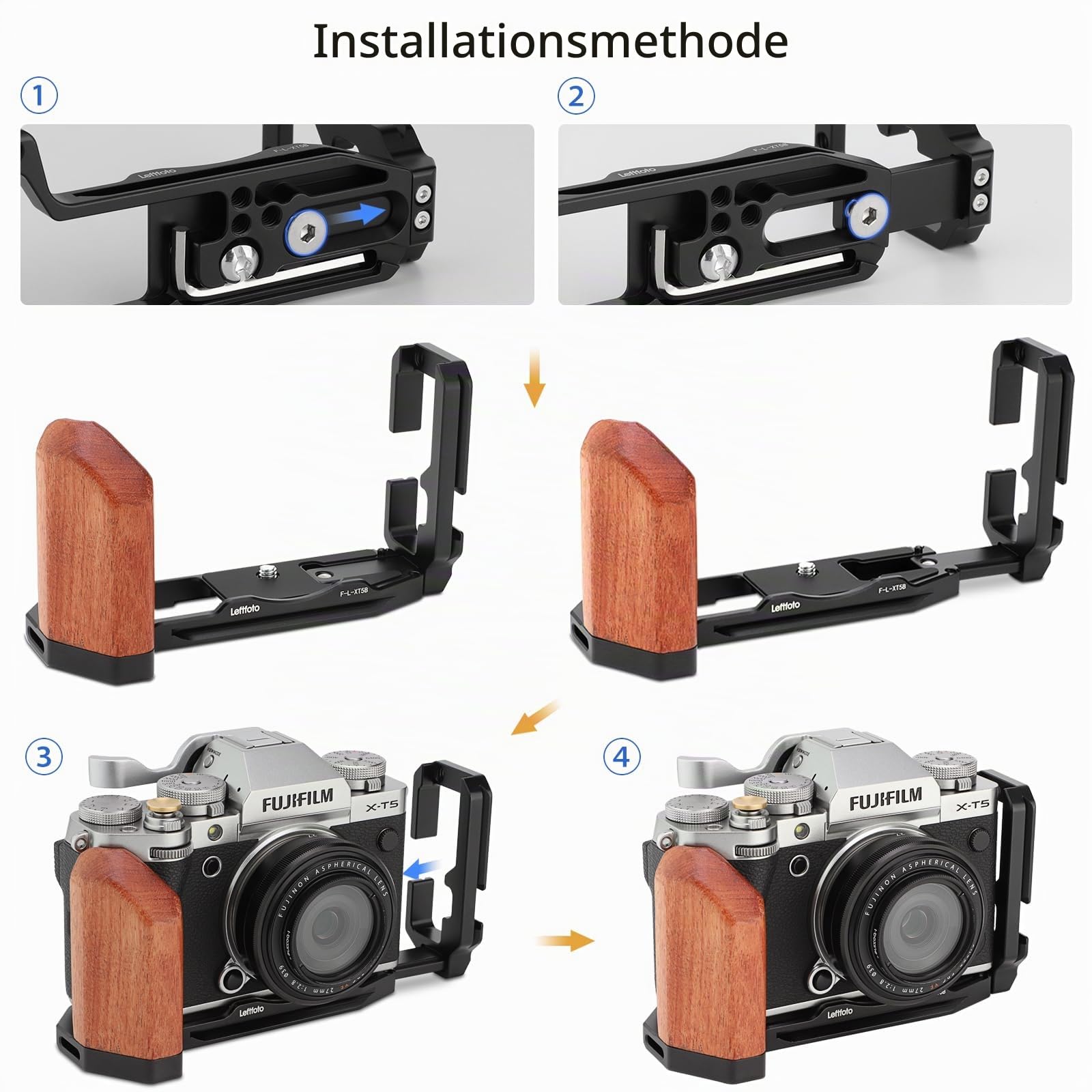 LEFTFOTO X-T5 Retro-Handgriff L-förmiger Halterungsgriff mit Holzgriff für Fuji XT5-Kamera, mit abnehmbaren vertikalen seitlichen Schnellwechselplatten, mit Arca-Schnellwechselplatte, mit Auslöser