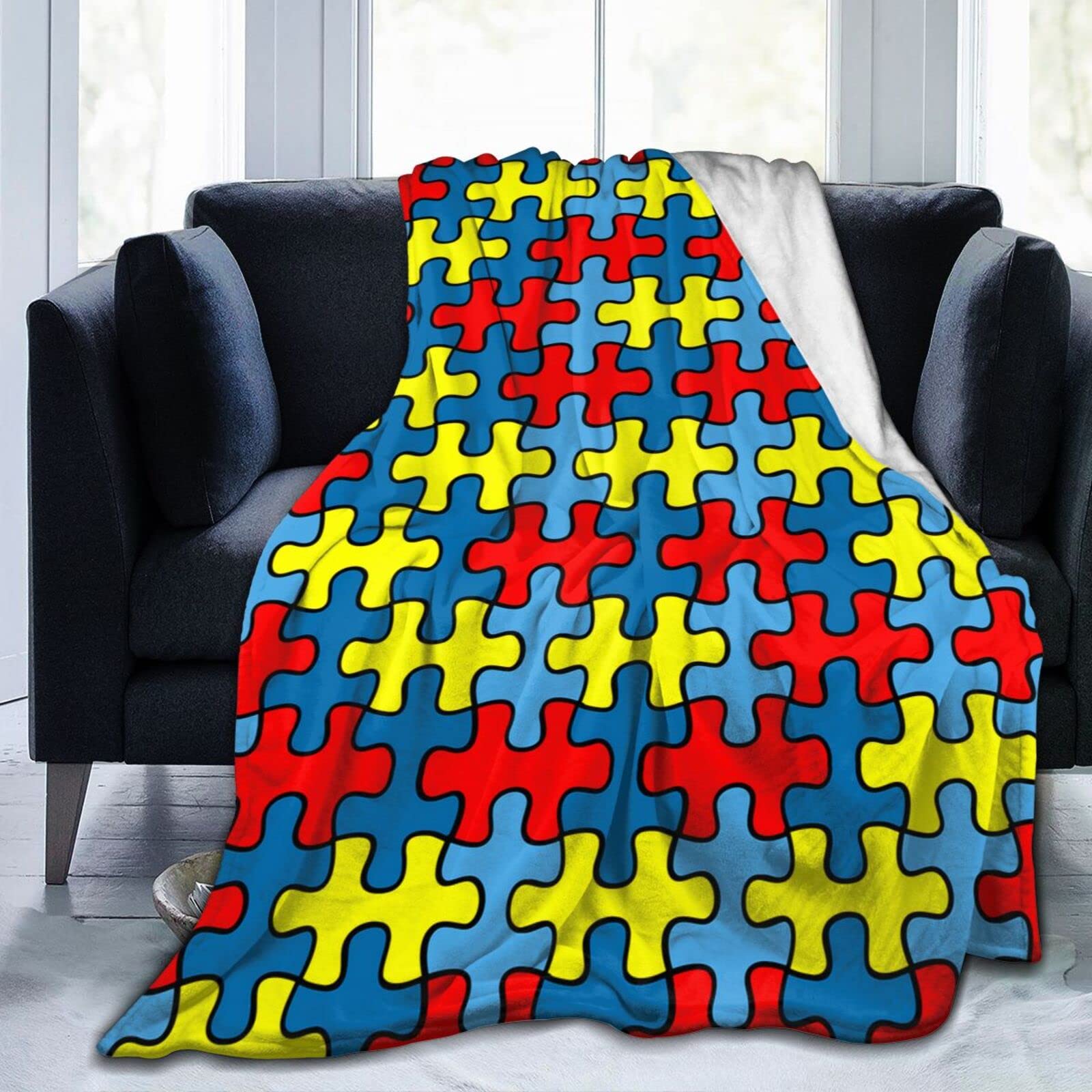Lsjuee Autism Awareness Puzzle Throw Blanket Warm Cozy Lightweight Blankets Soft Flannel Blanket for Sofa Couch Bed Office 80"X60"