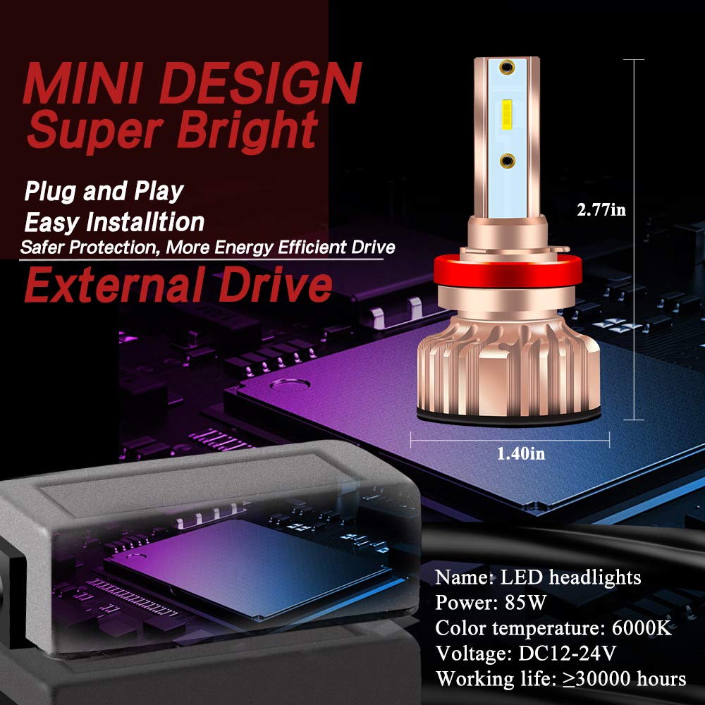 Żarówka LED Xenon White 85 W 6000 K Przednie reflektory samochodowe Żarówka halogenowa Zamiennik Zestaw do konwersji świateł mijania/świateł drogowych (2 szt. H8 H11 + 2 szt. 9005 HB3)