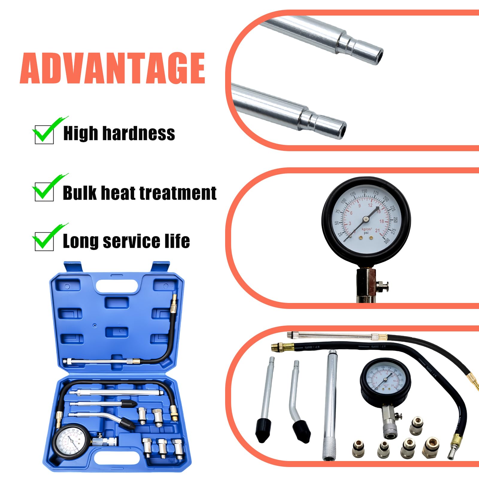 Kit de prueba de compresión de 11 piezas: probador de compresión para motores de gasolina (0-300 PSI/0-20 bar), manómetro de compresión, compresiómetro de presión de cilindro