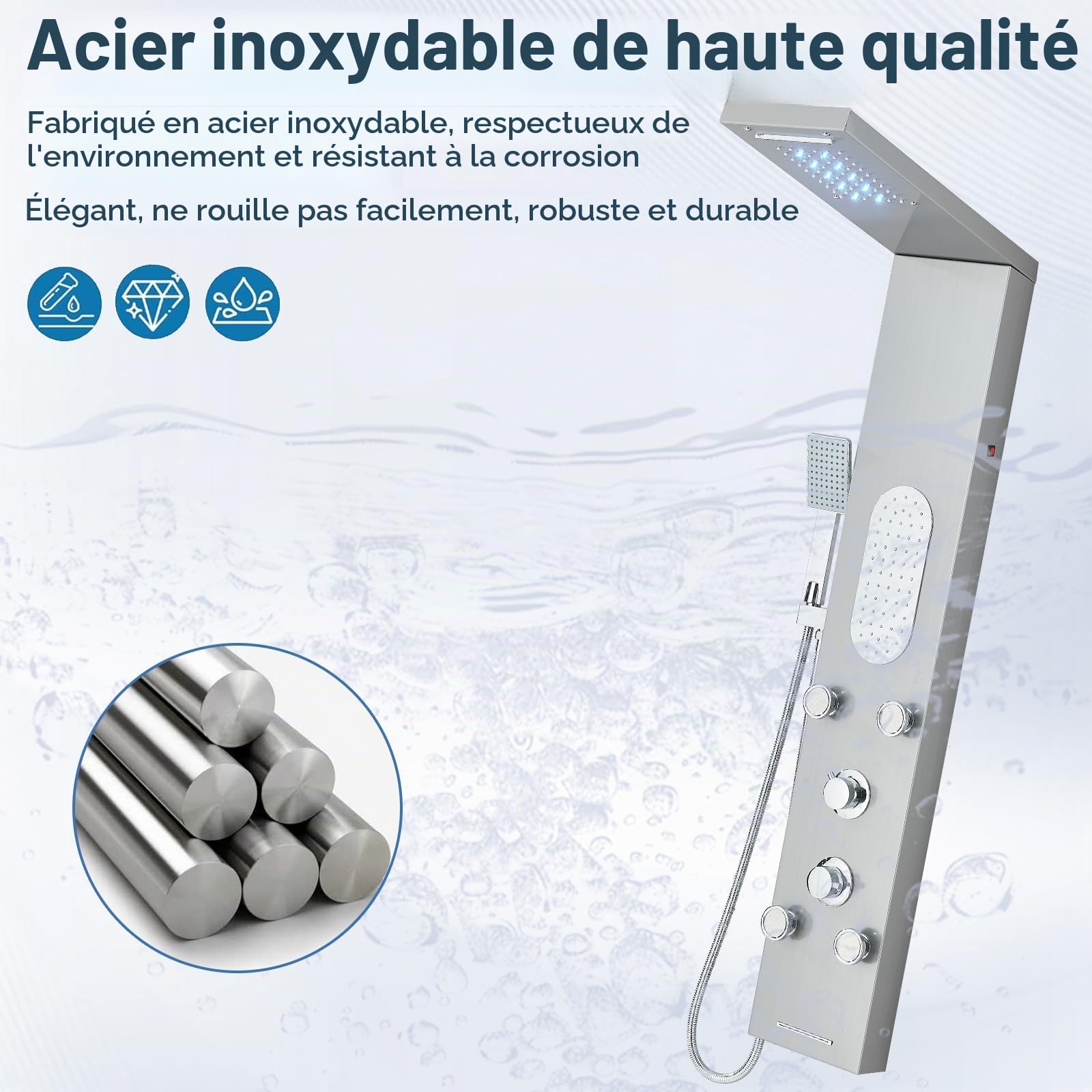 Système de Panneau de Douche avec 5 Modes,Tour de Panneau de Douche LED,5 Jets de Massage Corporel Bec de Baignoire Pomme de Douche à Main avec Tuyau 1.5 m,Ensemble de Douche,Brossée