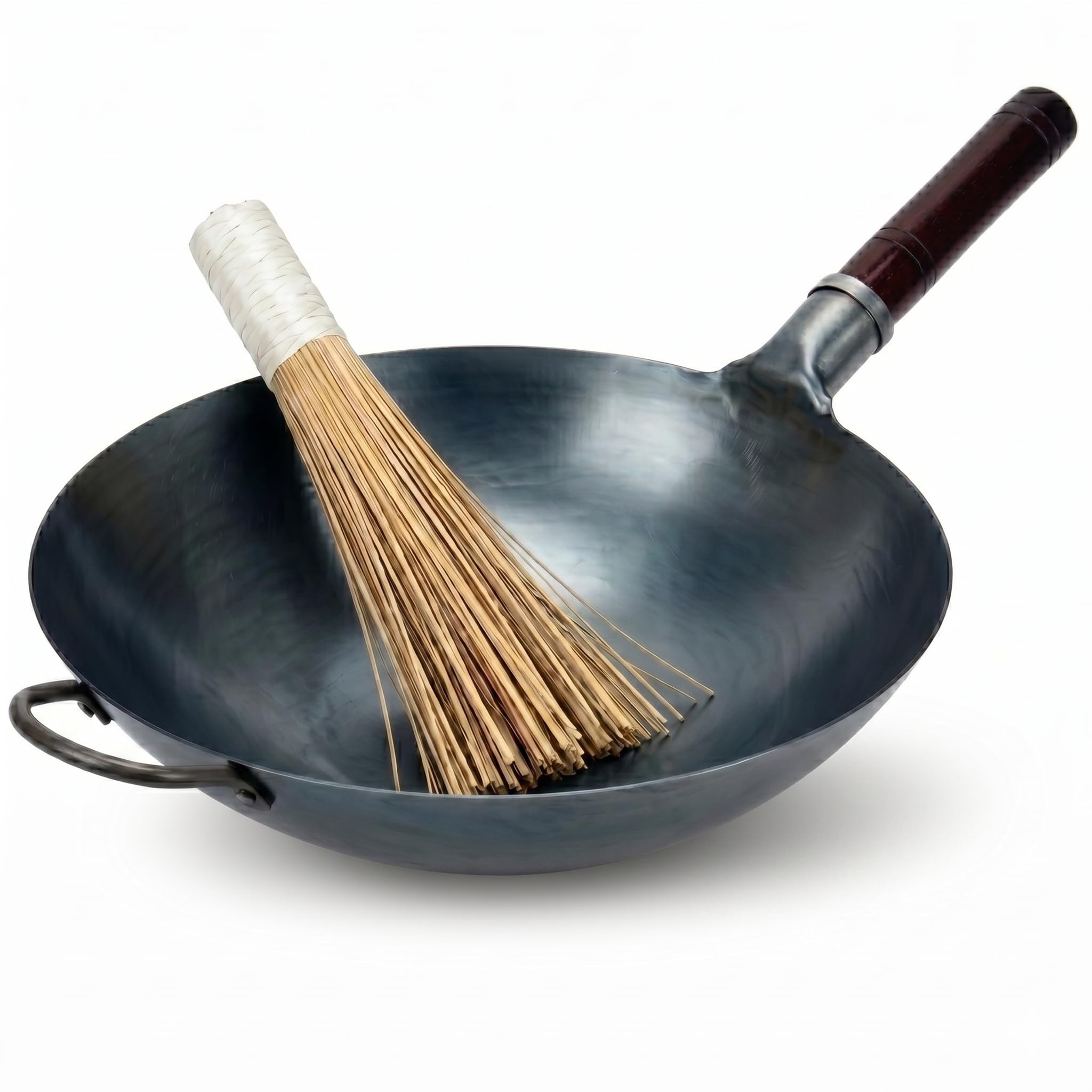 Wok Professionnel 36 cm – Acier Carbone Bleu Martelé à la Main – Fond Rond – Préculotté – Qualité Professionnelle – Manche en Bois & Acier – Brosse en Bambou Incluse