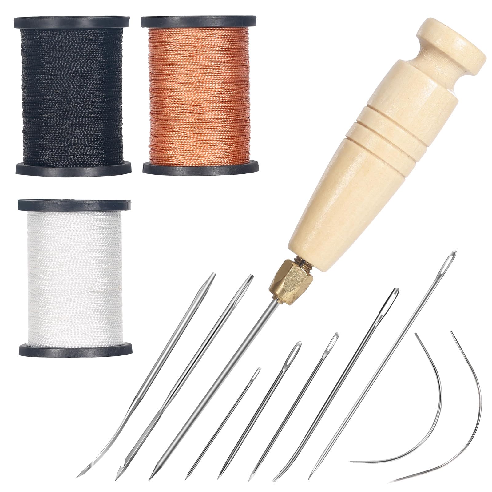 Nurkul 3-Spool Nylon Thread Sewing Kit, 80 Yards Each, Heavy Duty Needles (5 Straight, 2 Curved), Sewing Awl, Ideal for Upholstery, Leather, Shoes & DIY Crafts