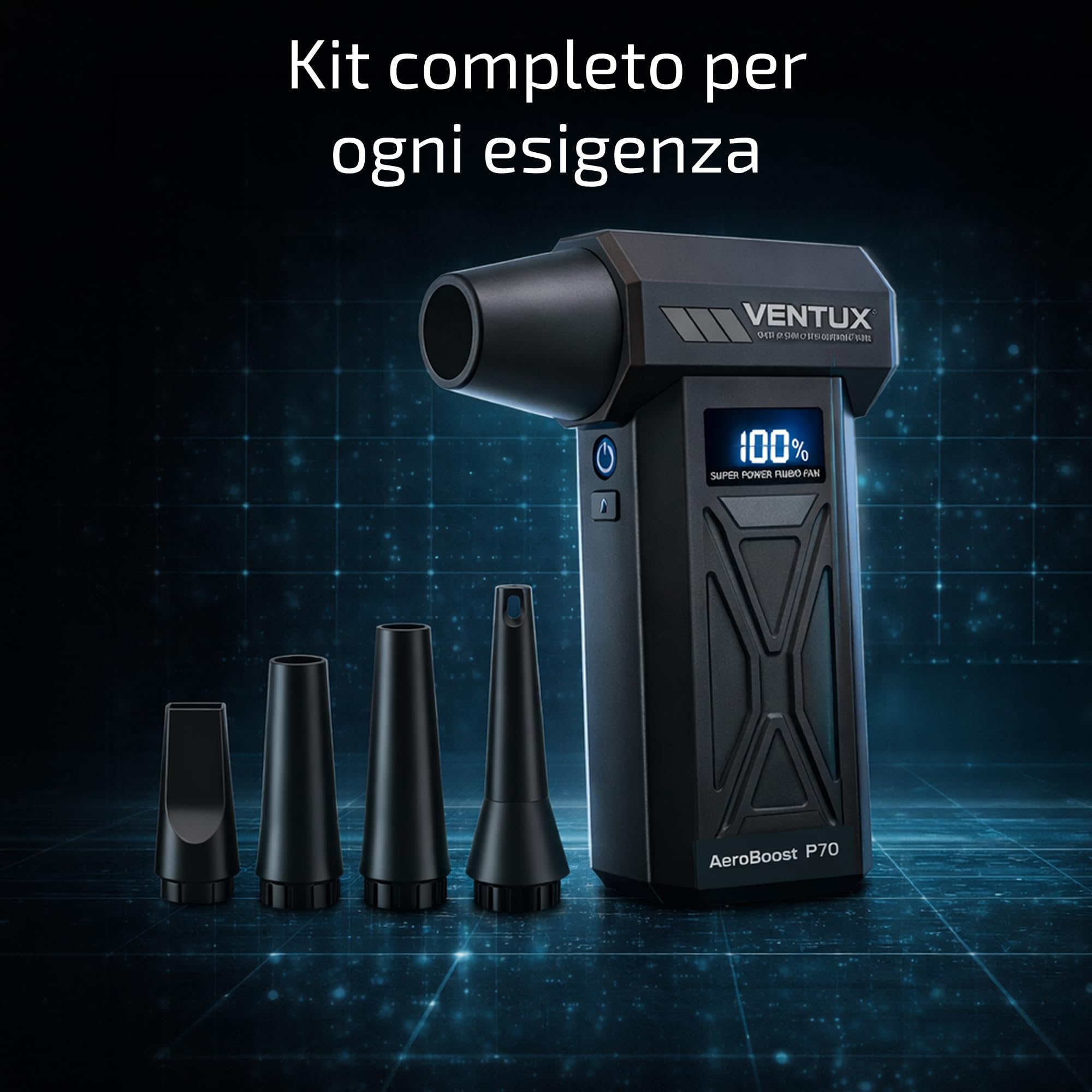 Soffiatore d’Aria Portatile a Batteria AeroBoost P70 – 110W | 4 Velocità, Display LCD, LED, 2000mAh | Mini Air Blower per Polvere, Tastiere, Auto, PC – Ventux Gear