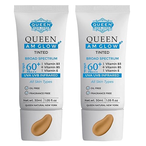 QUEEN AM GLOW - Protector solar tintado SPF 60 PA +++ imprimación antienvejecimiento, hidratante facial, vitamina B3, B5, E, no grasoso, tacto