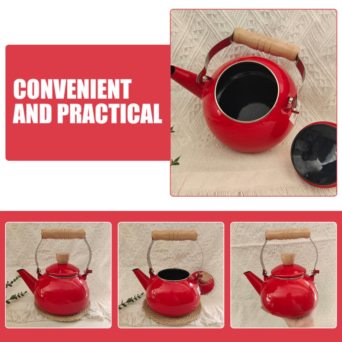 Tetera de Esmalte Roja de 1,5 L para Cocina y Preparar Té