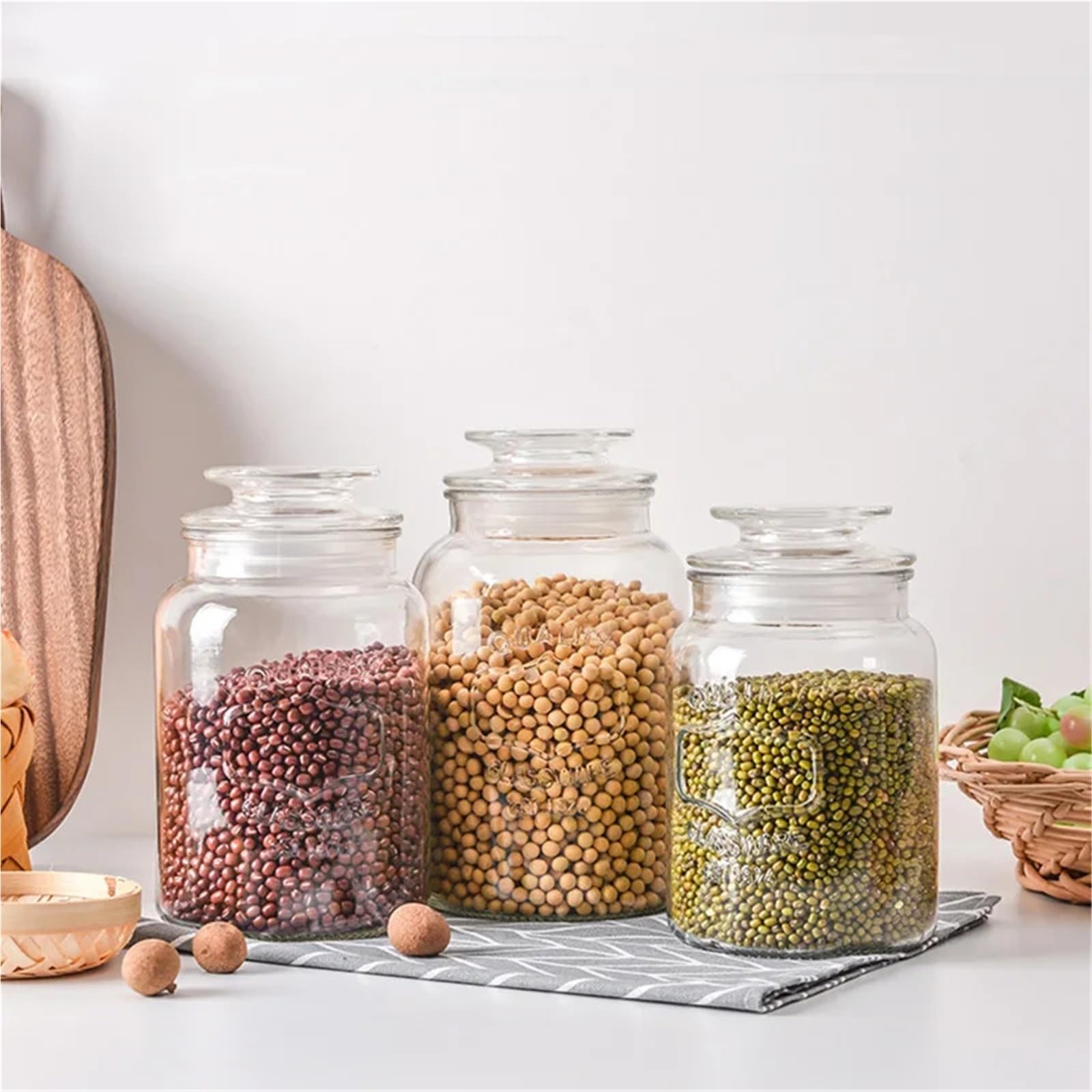 Tarrinas de cristal con tapa, Frasco sellado de vidrio transparente, botella almacenamiento alimentos multigrano, frutos secos, nueces, varios tamaños, 2 uds(L)