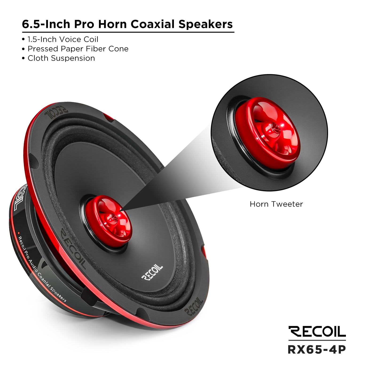 RECOIL RX65-4P Altavoces Coaxiales Coche Pro Audio 16,5cm 200W | 6.5", Driver Trompa，100W RMS, 90dB, 4 Ohm, Imán Ferrita 17oz, Bobina 1.5", Par